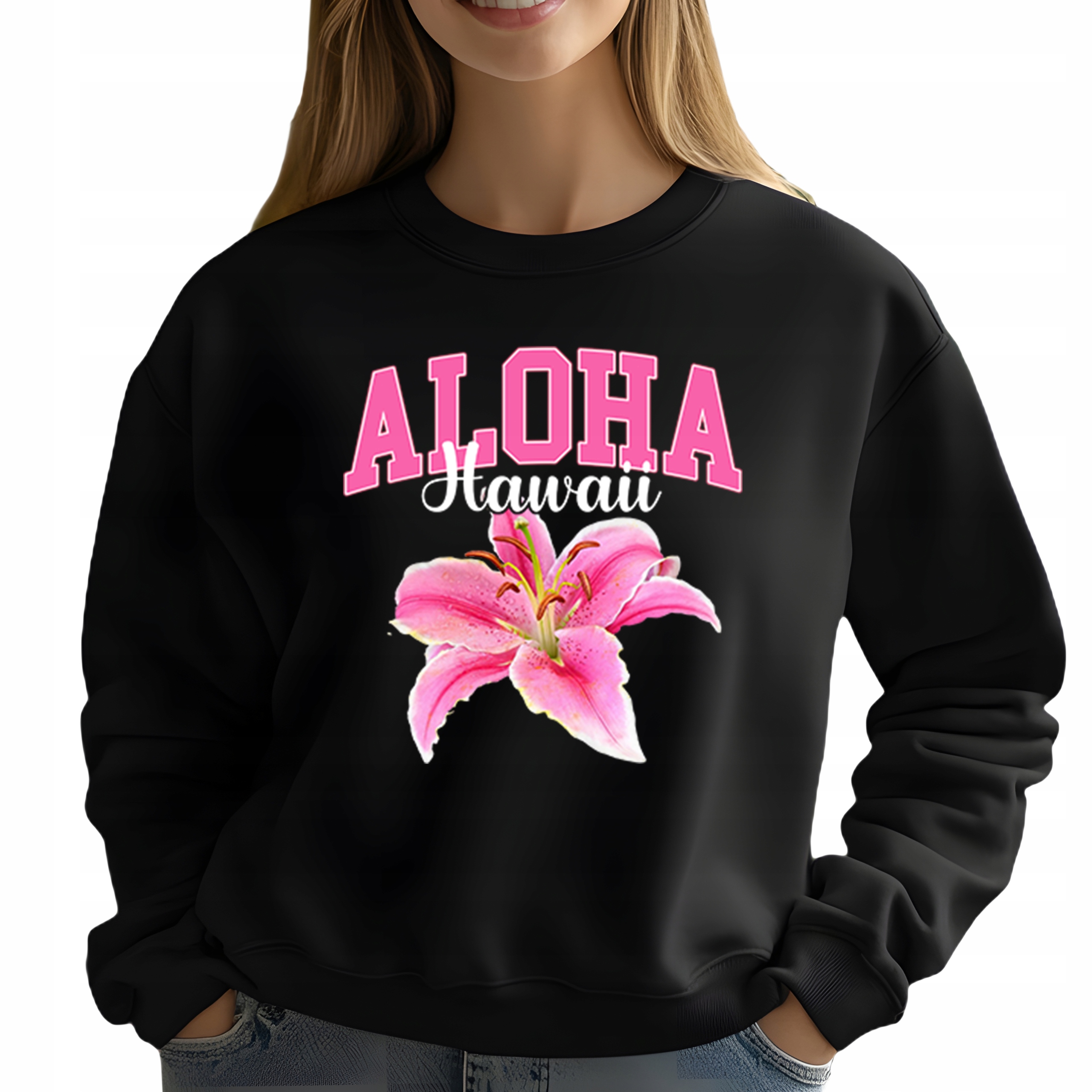 Mikina Bez Kapuce Černá Bavlněná Módní Elegantní Aloha Hawaii XL