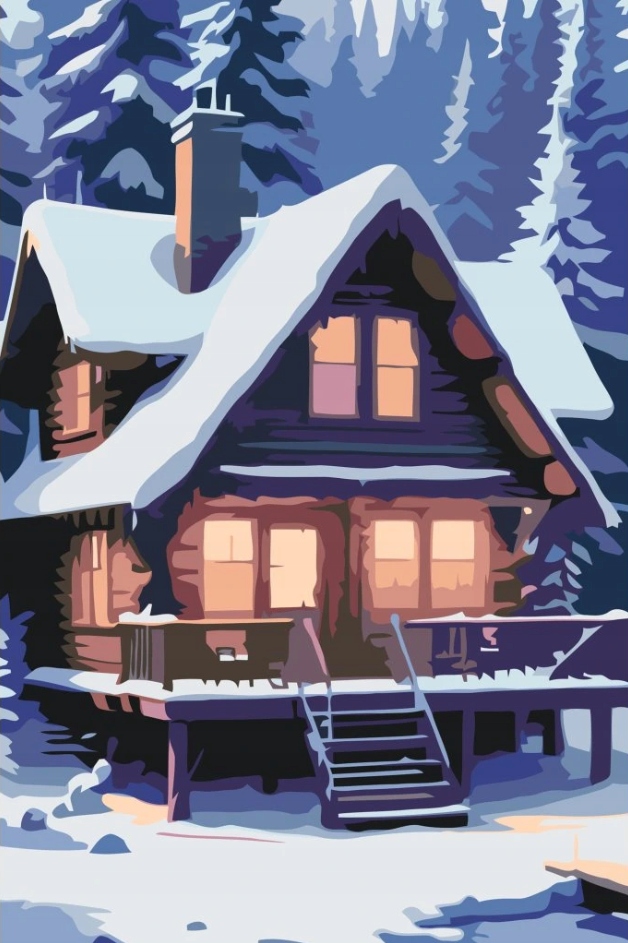 Diamantová výšivka Dřevěná chata Les Zima Sníh Vánoční stromky XXL 40x60 cm