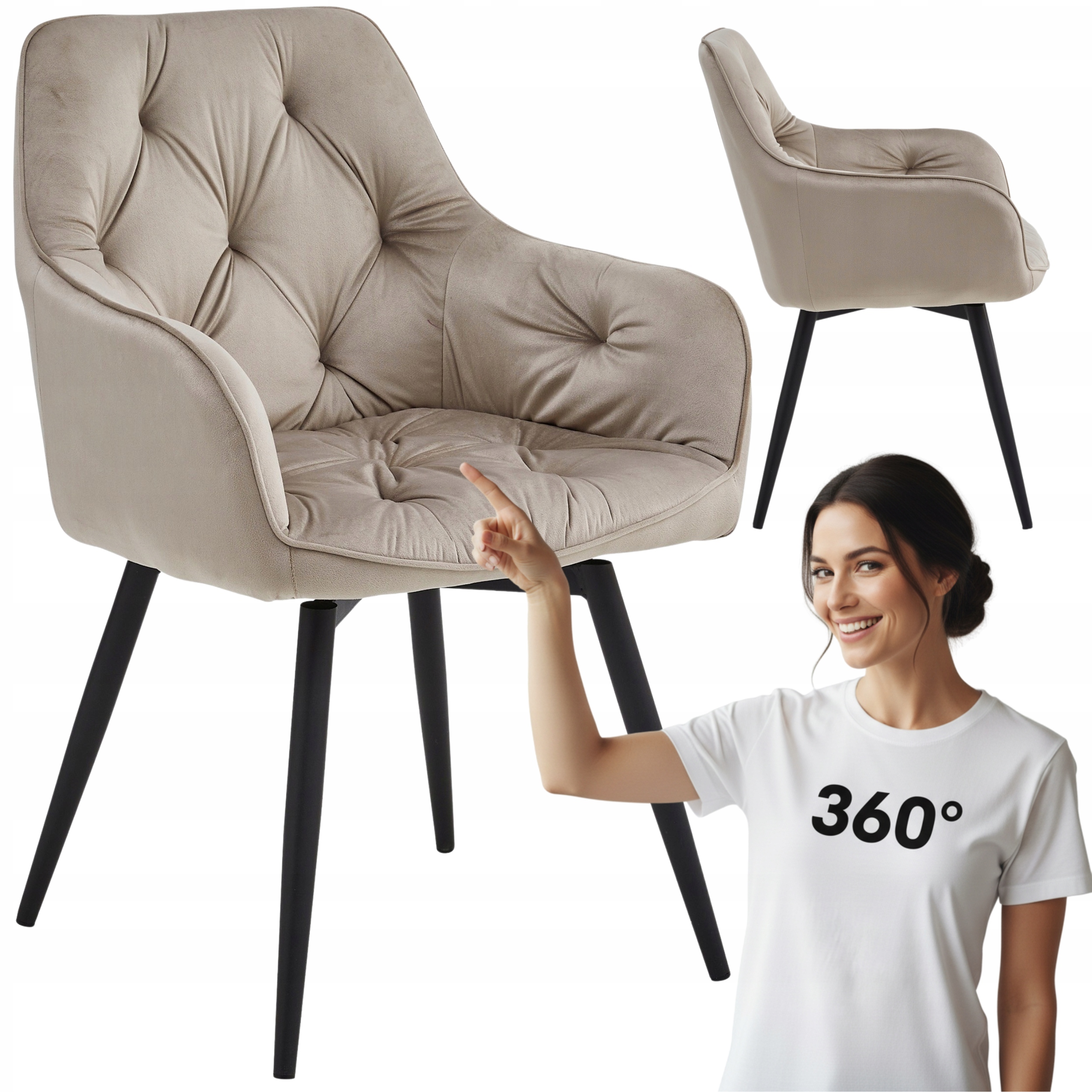 Krzesło Obrotowe Tapicerowane Welurowe do Salonu Kuchni Jadalni Beż LUNA360