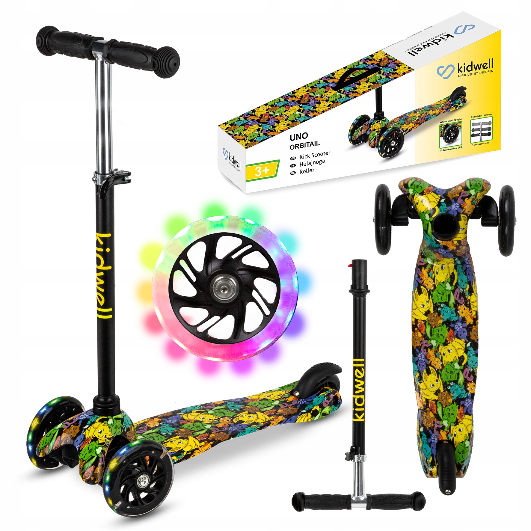 Hulajnoga balansowa Kidwell Uno dla dzieci jak pokemon kolor trójkołowa Led