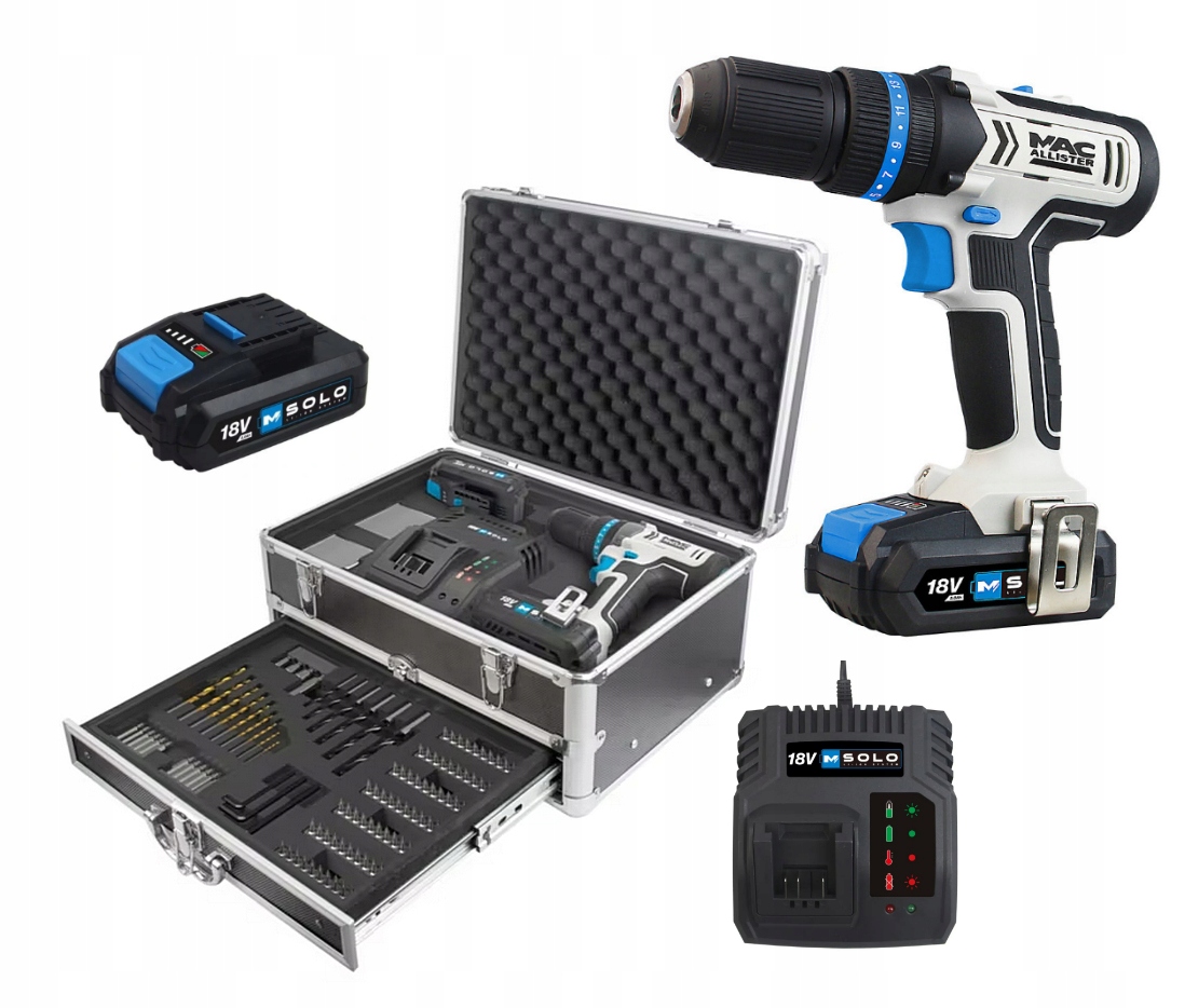 ## Wiertarka Wkrętarka Udarowa Macallister 18V 2 x Aku Walizka i 158 akc.