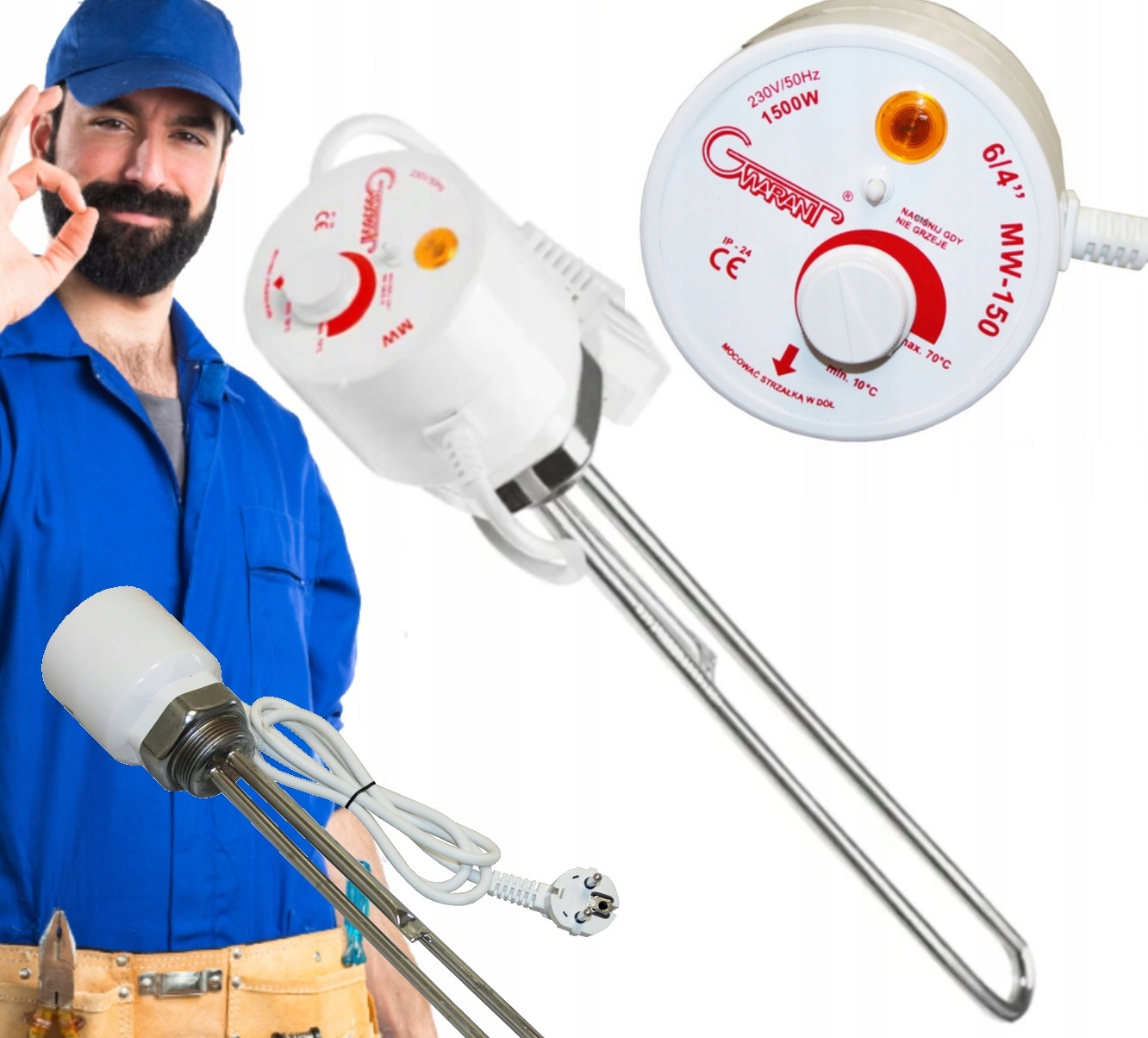 GRZAŁKA DO BOJLERA Z TERMOSTATEM 1,5kW 1500W 6/4'' ELEMENT GRZEJNY Z MIEDZI EAN (GTIN) 1028374666