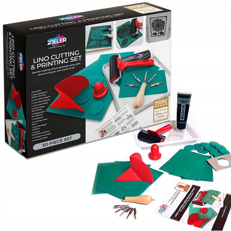 Sada na Linoryt Zieler 30 prvků dláta váleček černý inkoust v tubě