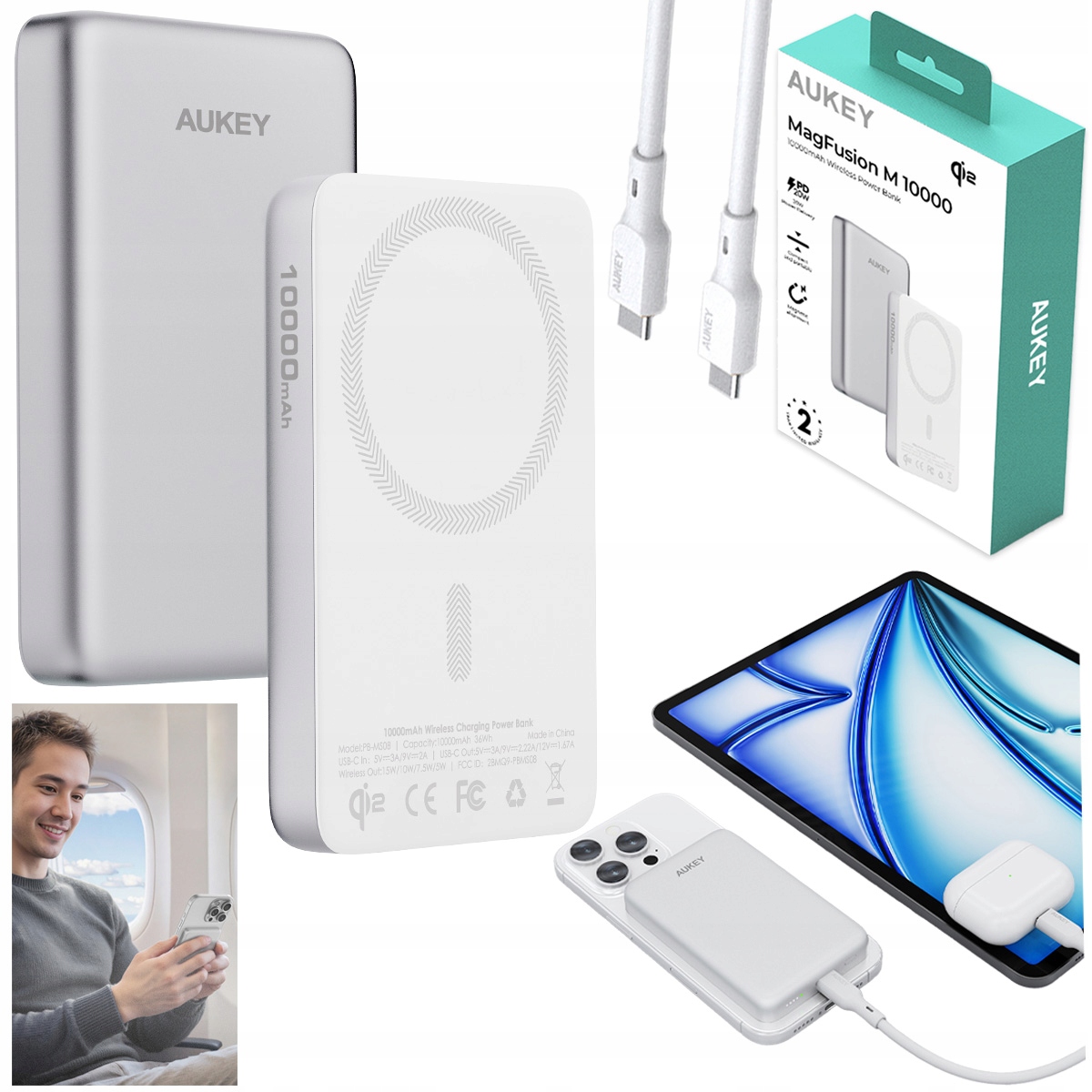 Aukey PB-MS08 MagFusion M Qi2 10000mAh  20W Biały