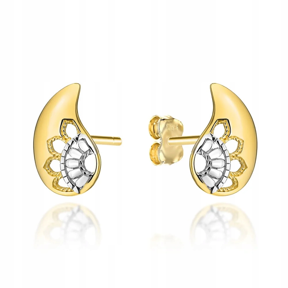 Zlaté 585 zdobené kapky náušnice ve dvou barvách zlata na tyčince 14 kt