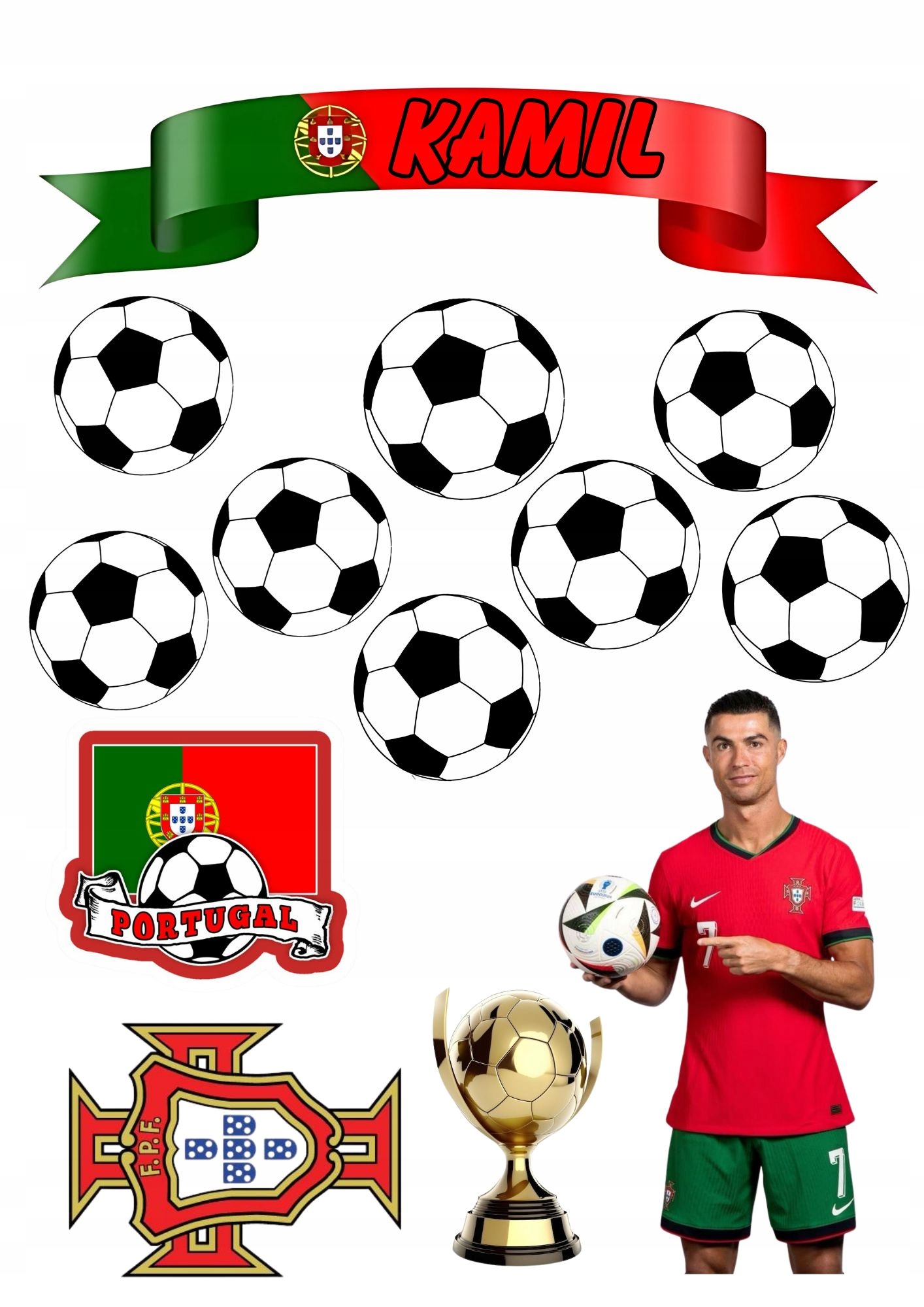 Wydruk Cukrowy Na Tort Jadalny Masa Ronaldo Piłka Nożna Piłkarz CR7+ imię