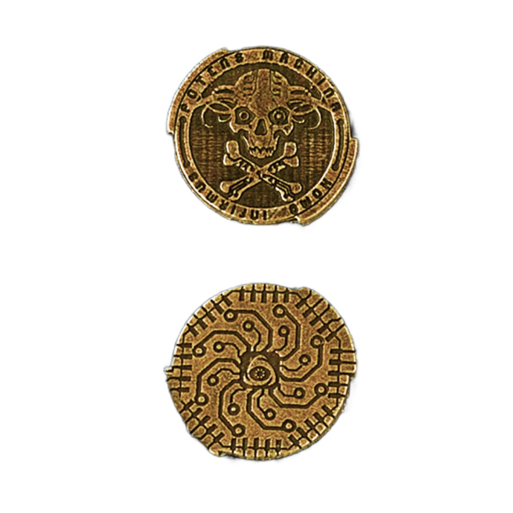 ZESTAW 12 CYBERPUNKOWYCH METALOWYCH MONET LARP RPG Producent Drawlab