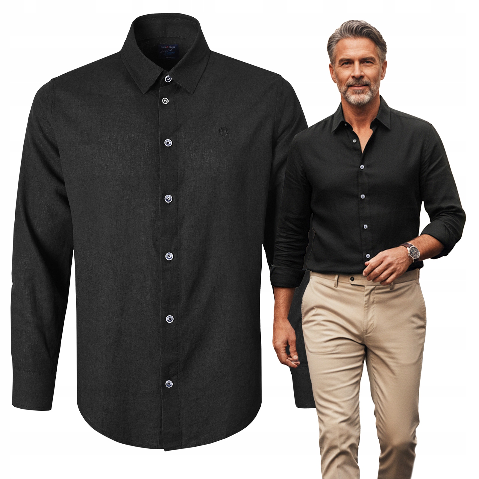 Pánská košile s dlouhým rukávem Lněná Bavlna Černá Regular Fit Pako Jeans