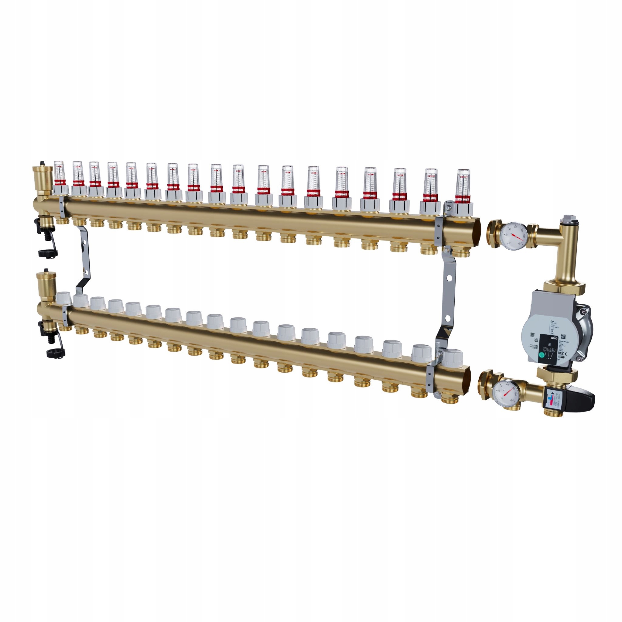 Rozdělovač pro podlahové topení 18 mosazných sekcí Čerpadlo Wilo