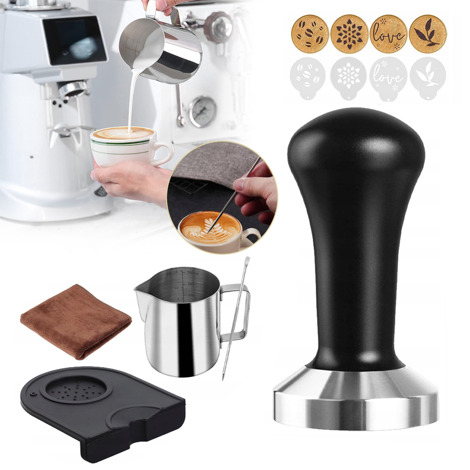 TAMPER DO KAWY 51MM, TAMPER DO ESPRESSO Z DZBANEK NA MLEKO, RĘCZNIK BARISTA