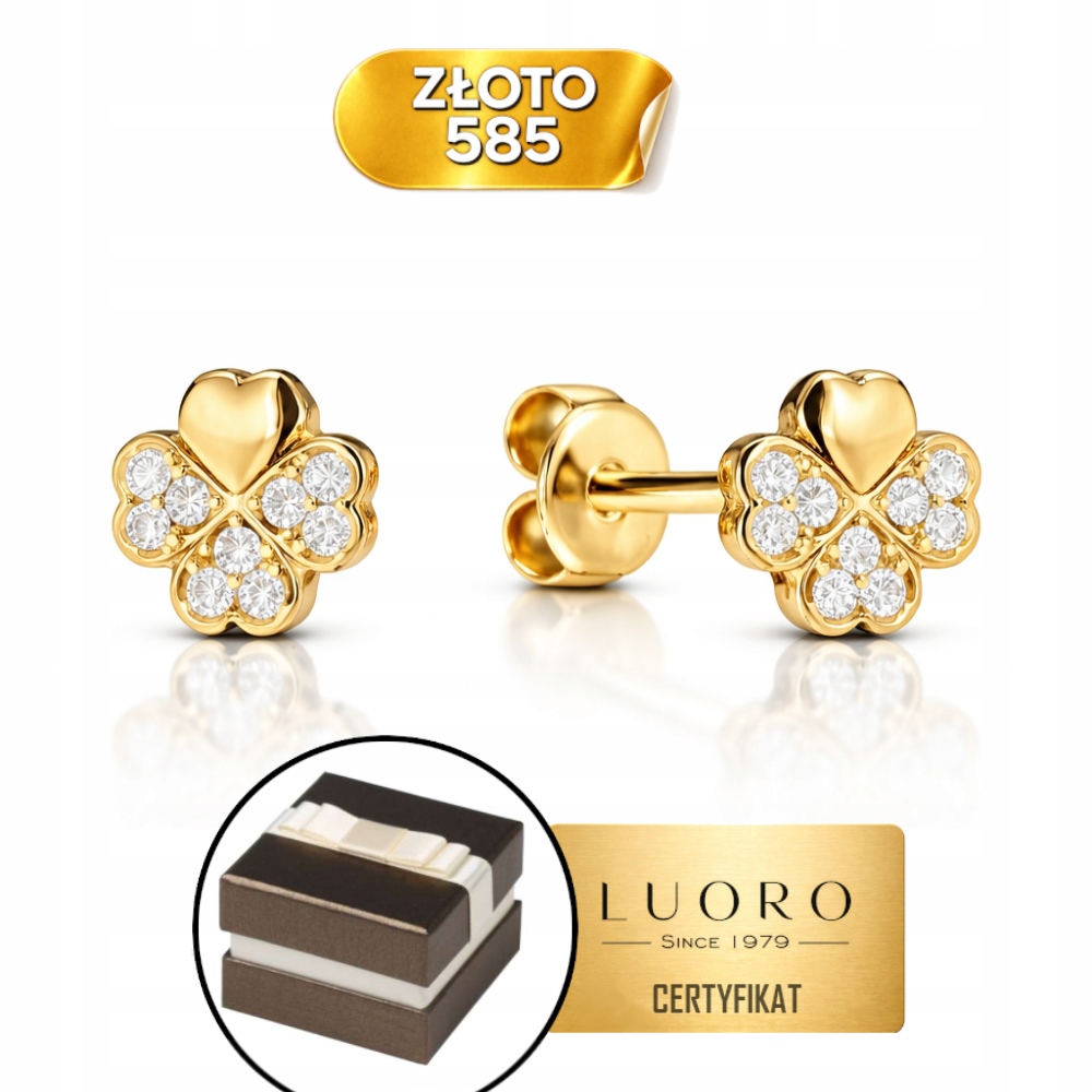 Náušnice Zlaté 585 14K Čtyřlístek Se Zirkony Tyčinka 6,5 MM Elegantní