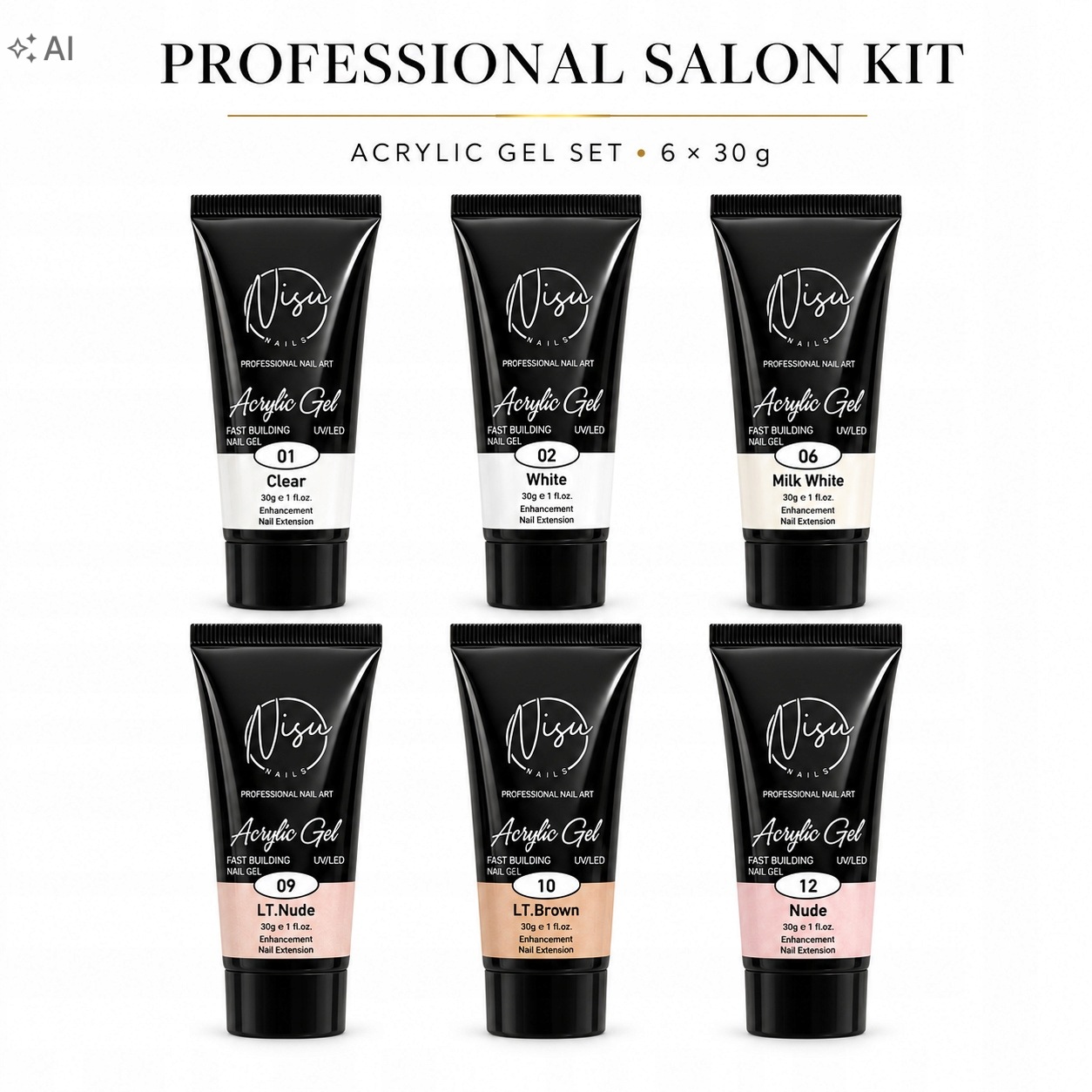 Nisu Nails Sada akrylových ložisek Professional 6×30g Uv/led bez Hema a Tpo