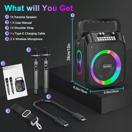KARAOKE MASZYNA Bluetooth Głośnik 30W Mikrofony RGB Imprezowy — miniatura 8