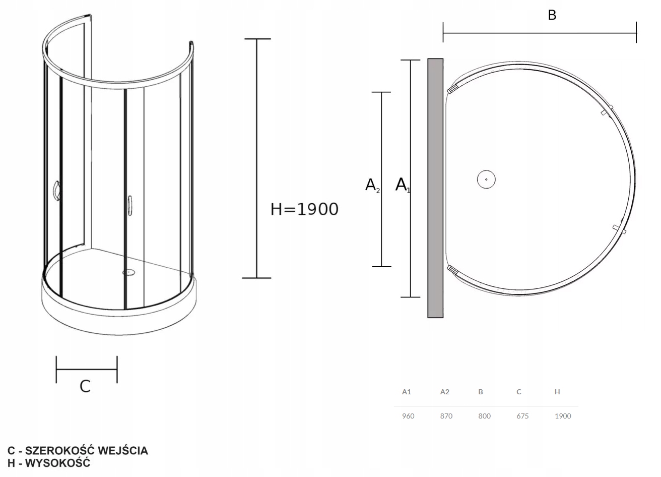 KABINA PRYSZNICOWA 80x100x205 PRZYŚCIENNA CZARNA Linia Stylio
