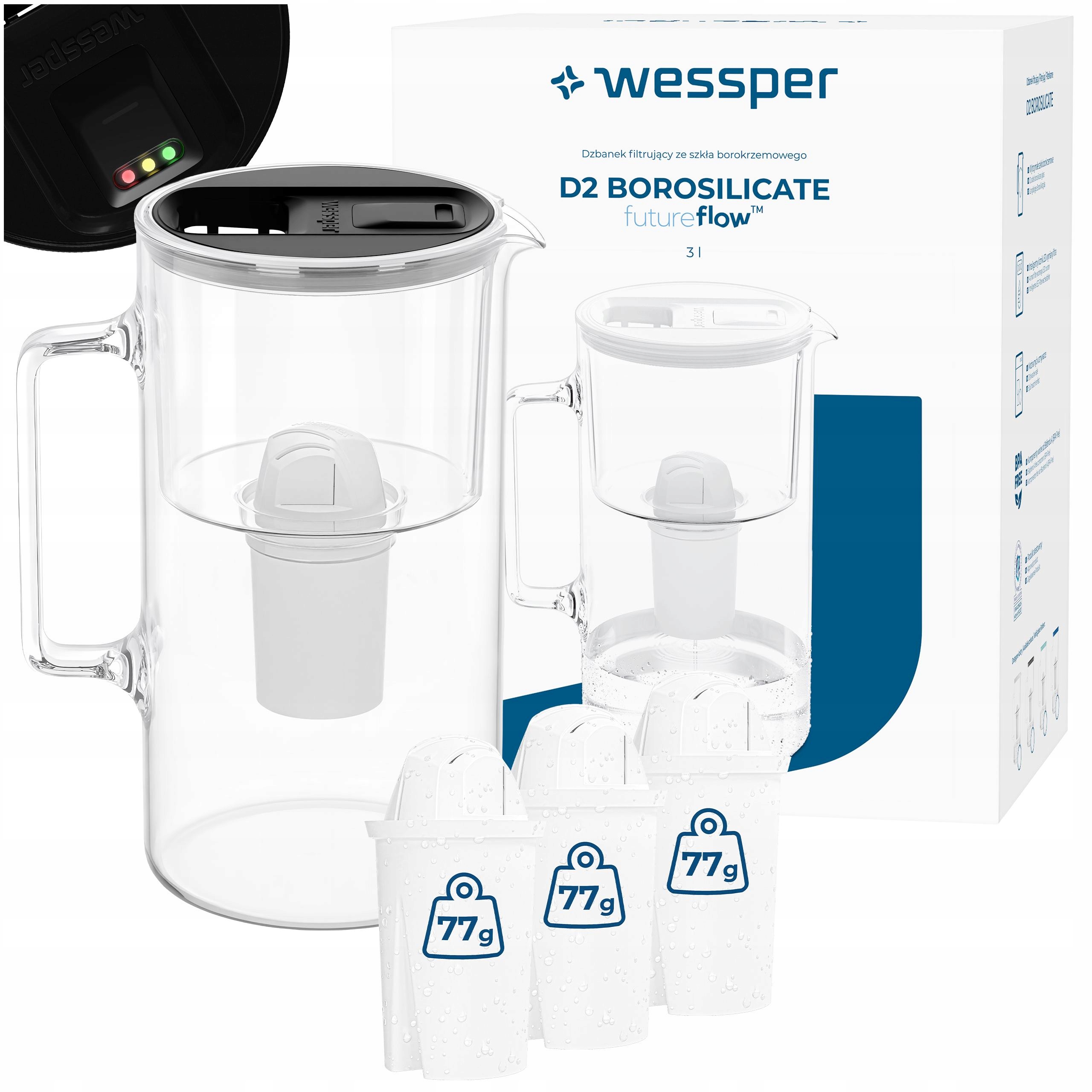 Skleněná filtrační konvice Wessper D2 Borosilicate futureflow 3 l 4x filtr