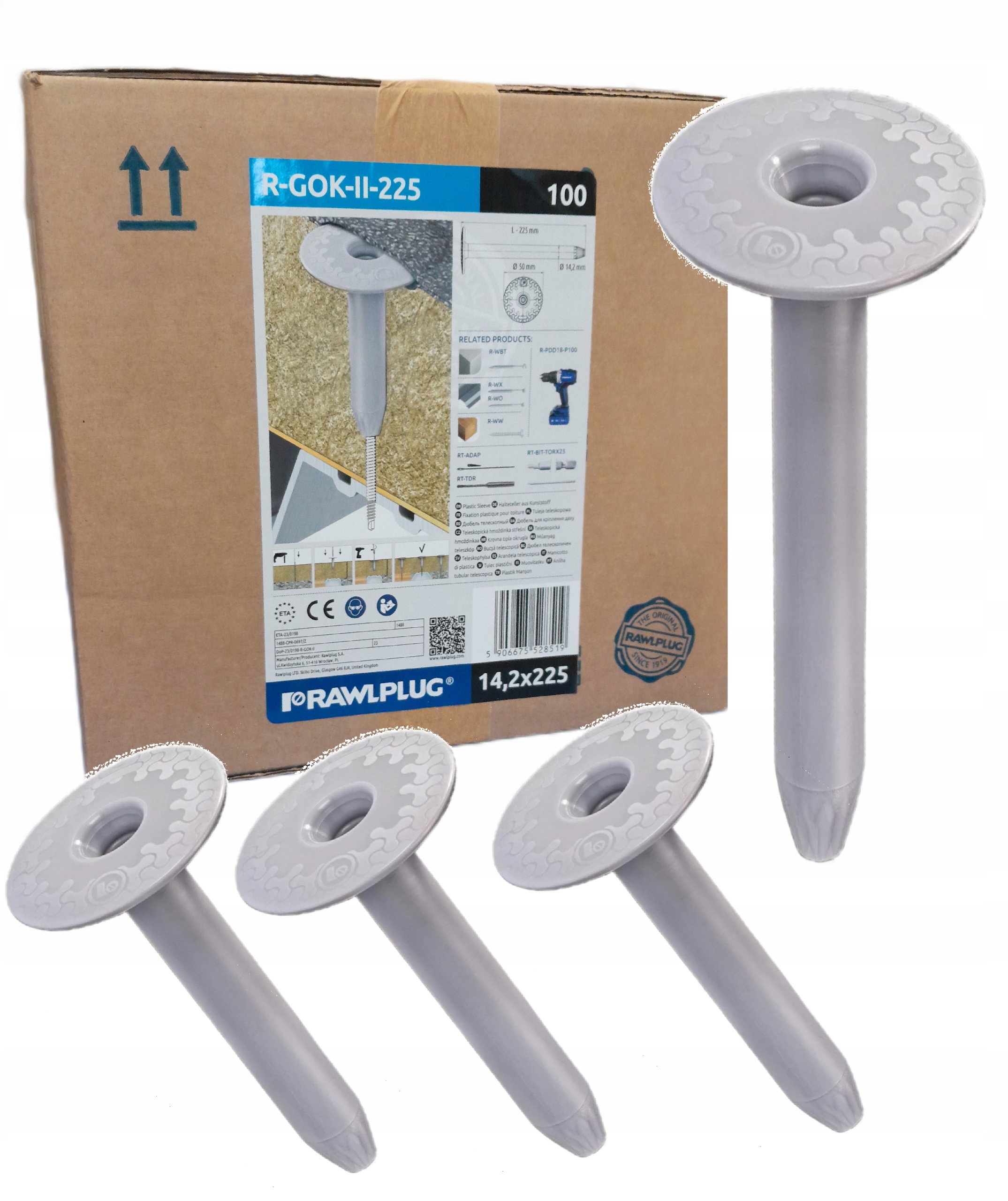 Rawlplug Kołek Tuleja izolacji dachowych Teleskopowa 50x225mm 100szt Gok