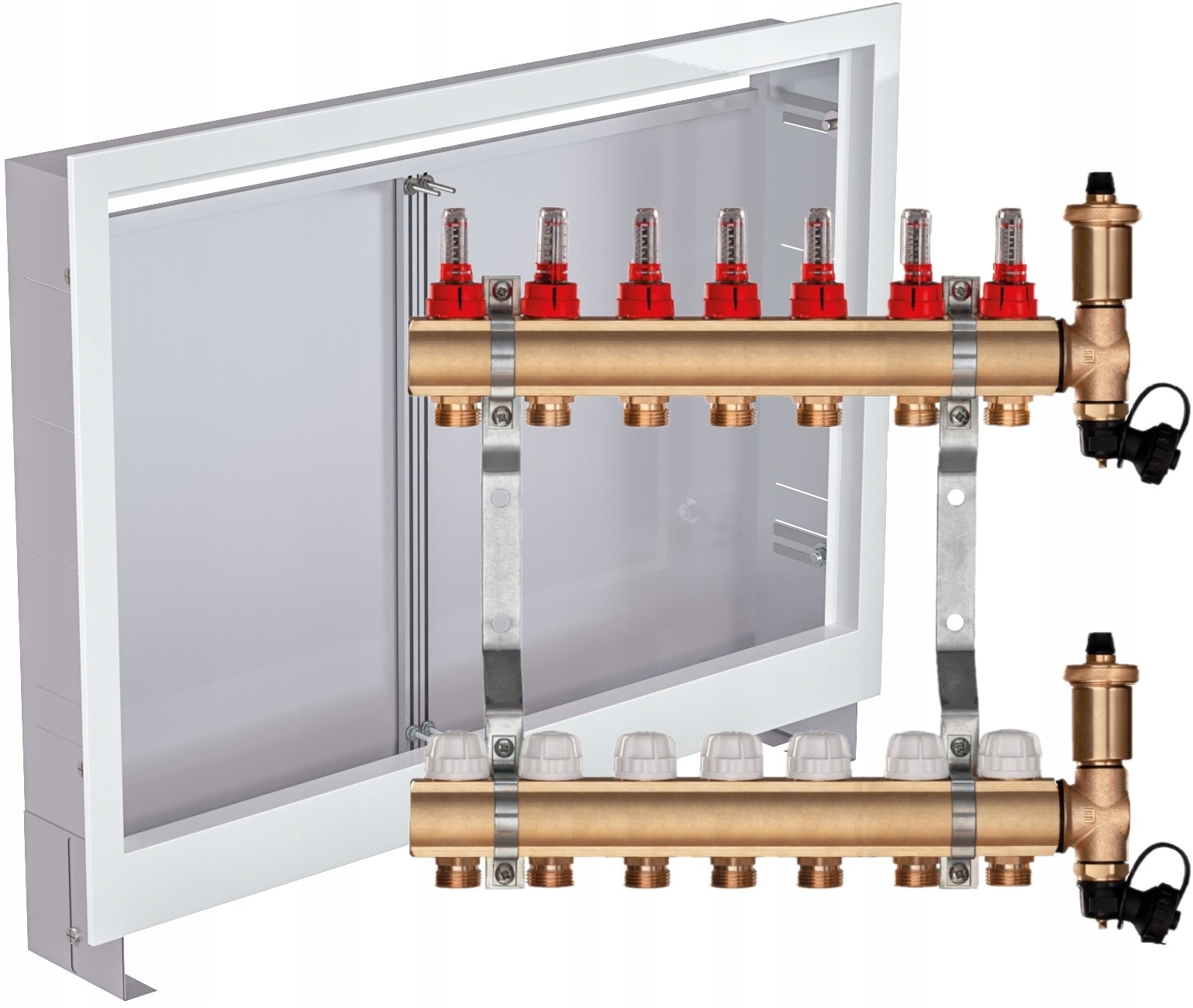 Mosazný rozdělovač pro podlahové topení 7 sekcí Podomítková Skříňka