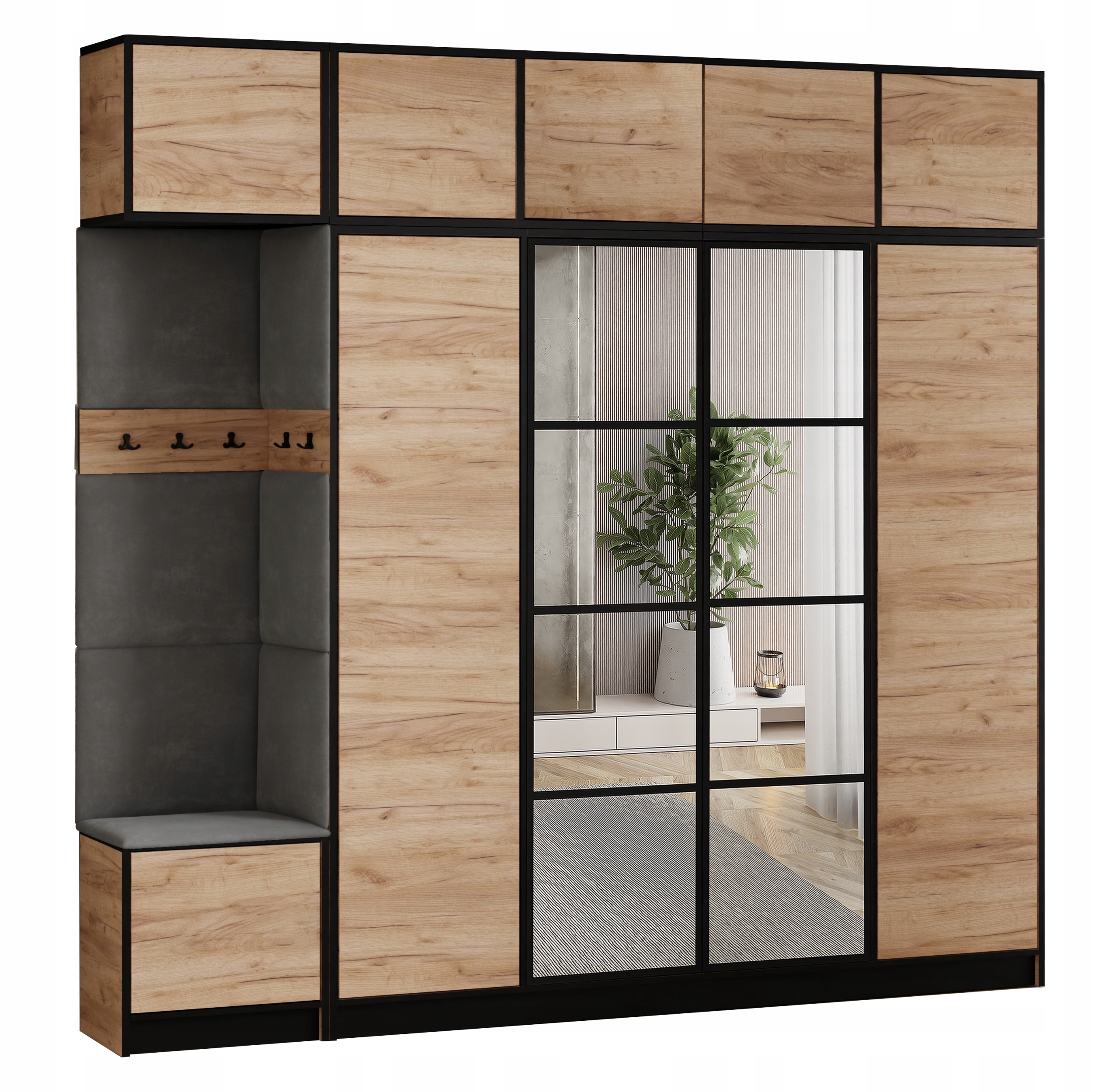 Šatní skříň Costa 15 dub craft zlatý šedá tkanina, sedák s nástavcem