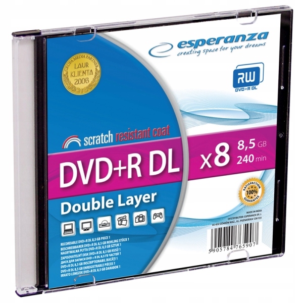 

Esperanza Płyty Dvd+r 8,5 Gb x8 DL Slim Case 10szt