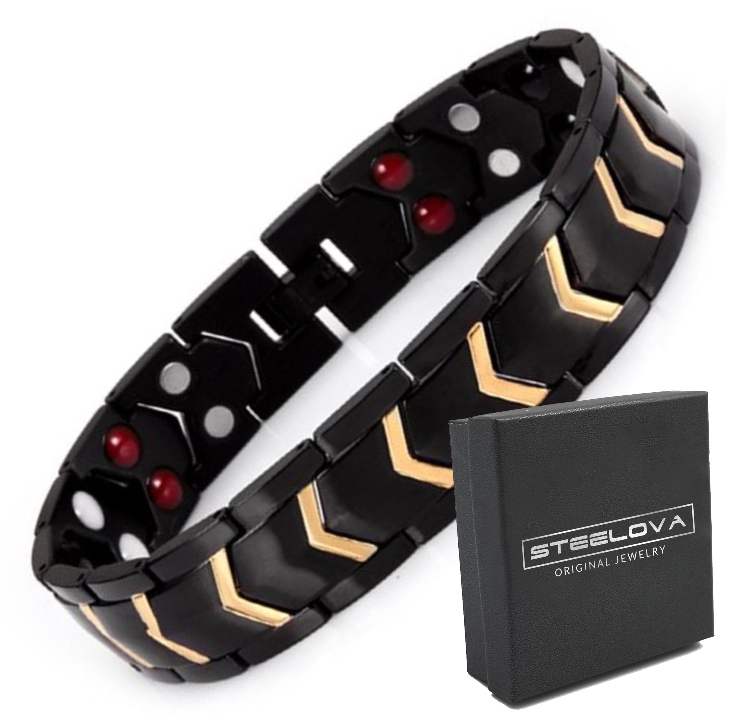 Náramek z černé oceli se zlatými prvky