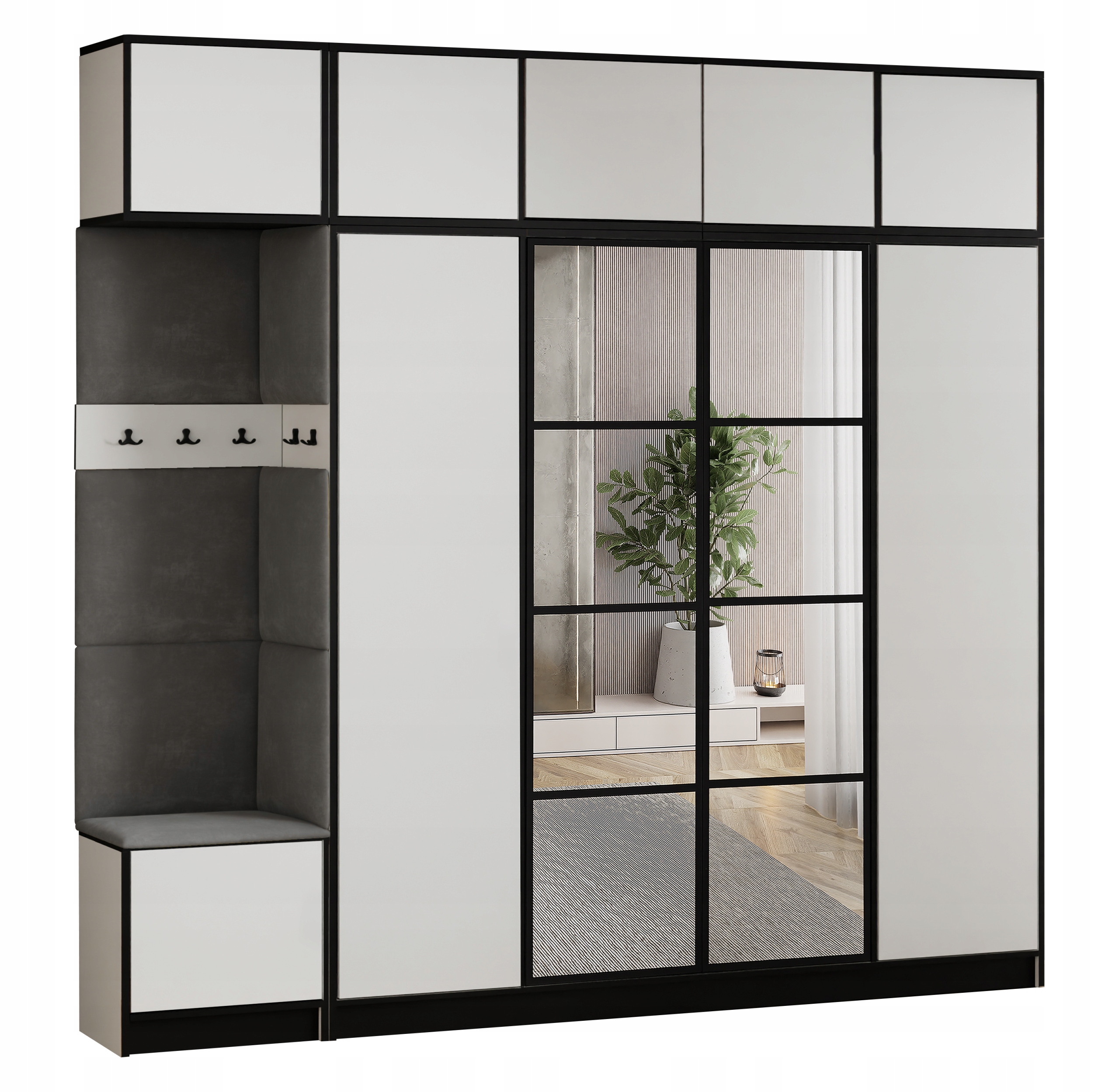 Šatní skříň Costa 15 bílá šedá tkanina, sedák s nástavcem