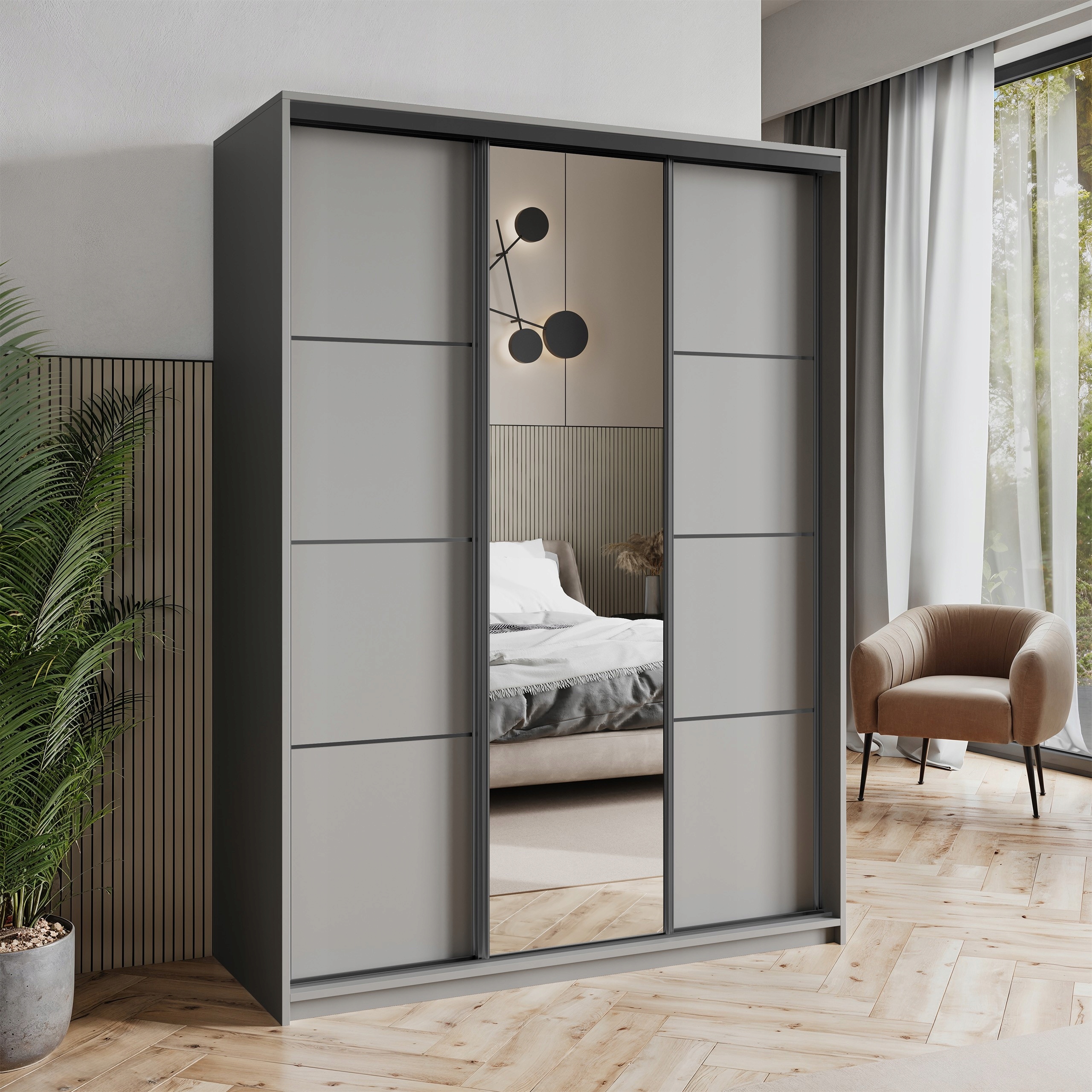 Skříň Třídveřová Varo 150 cm se zrcadlem Zásuvky Grafit Černá