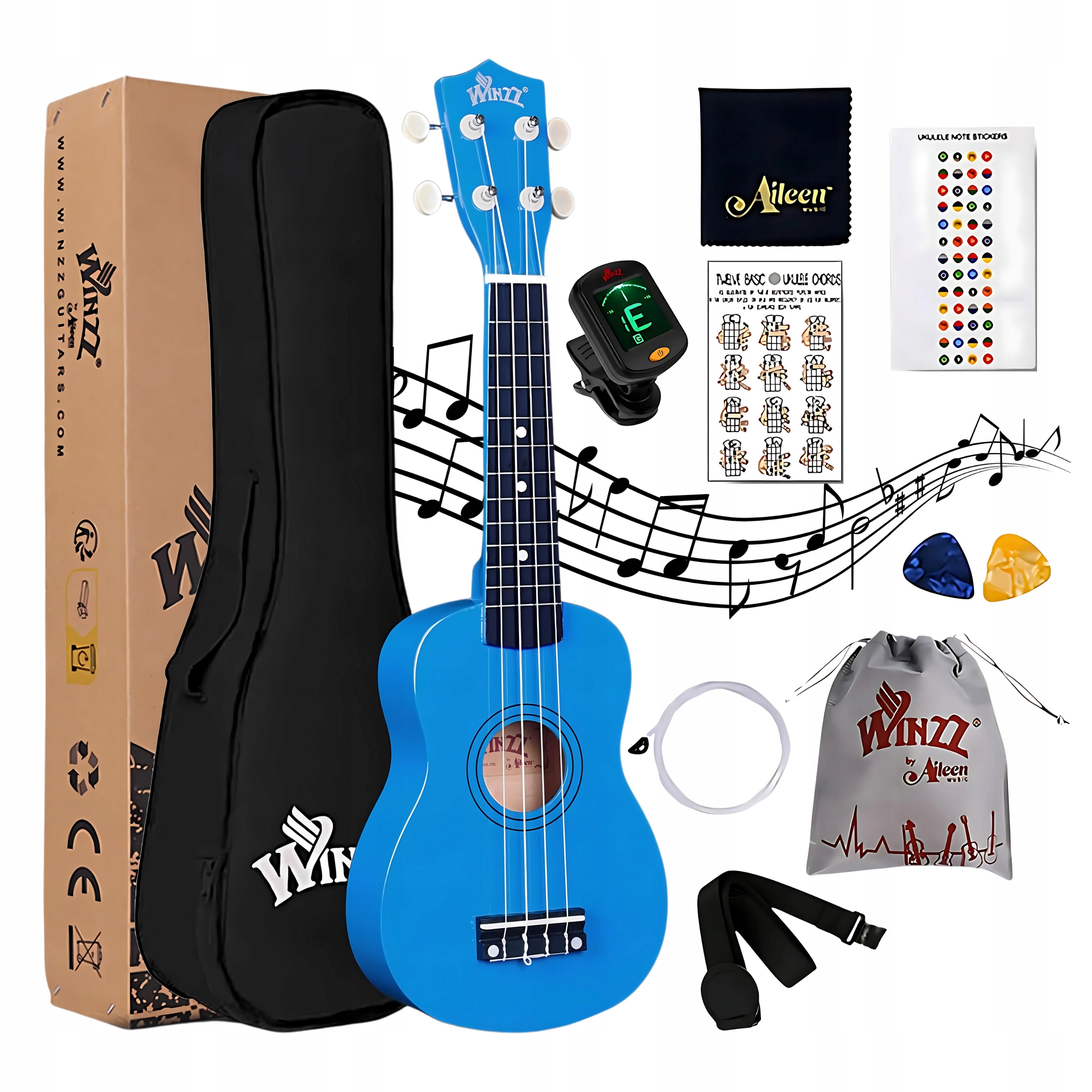 Sopránové ukulele Winzz startovací sada pro začátečníky, obal kostky