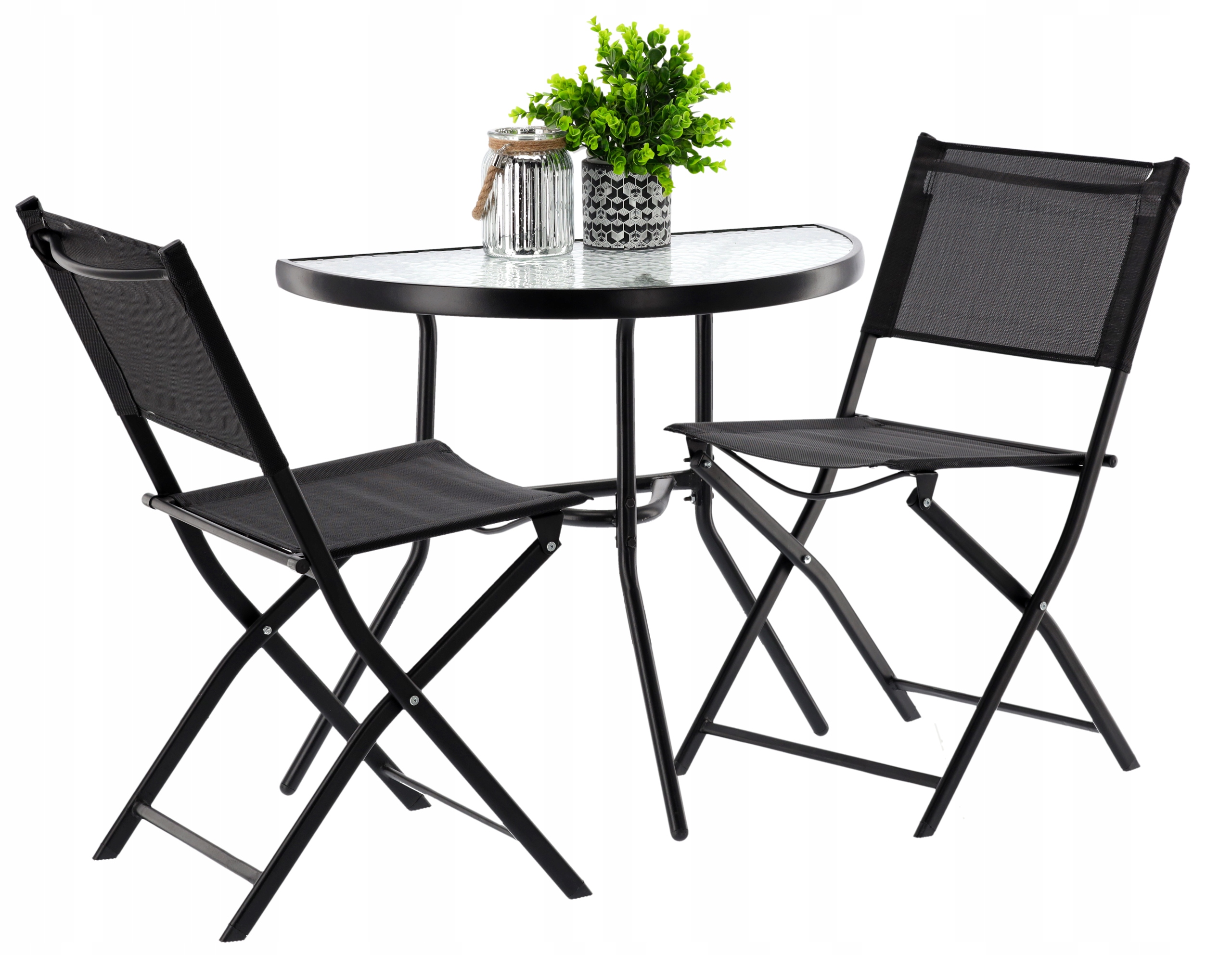Sada Záhradného Nábytku Na Balkón, Stolík, 2 Skladacie Stoličky, Čierna