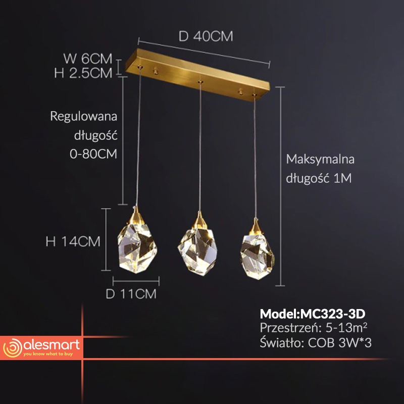 Lampa wisząca 3 Kryształy/Diament Led Mosiądz LUX EAN (GTIN) 0651637061843