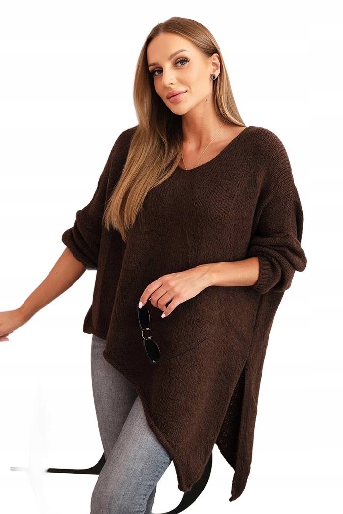 Dámský vlněný asymetrický svetr Plus Size s výstřihem do V, hnědý