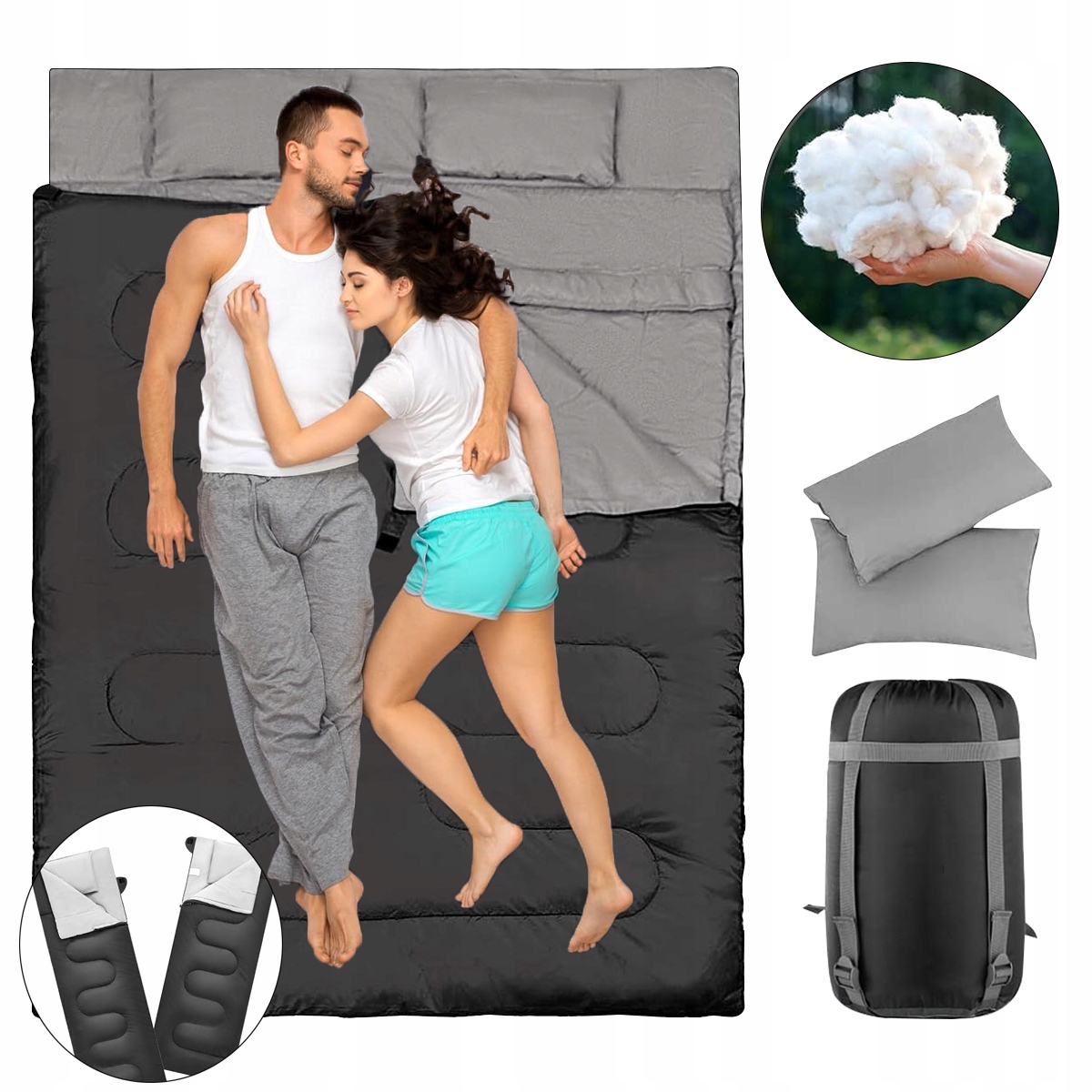 Podwójny śpiwór kempingowy 2-osobowy z poduszkami 218 cm długości