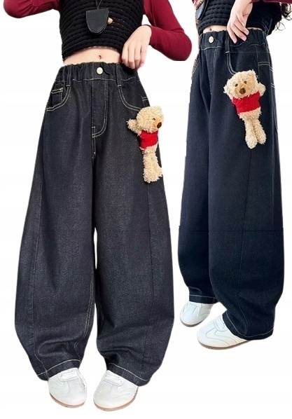 Szerokie Jeansy 150 Wide Leg Baggy z odpinanym Misiem dżinsy dla nastolatki
