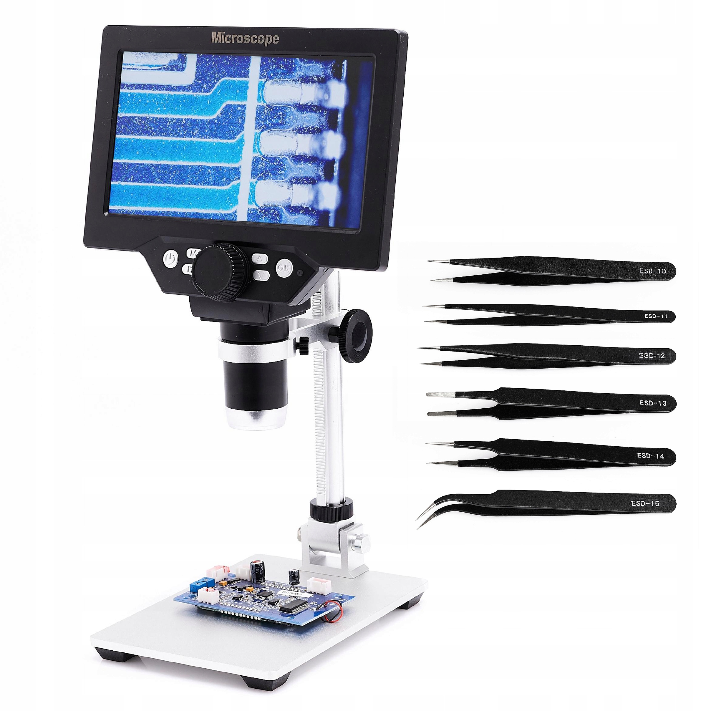 Digitální Mikroskop Zoom x1200 Kamera 12MP Displej 7" Sada 6 Pinzet