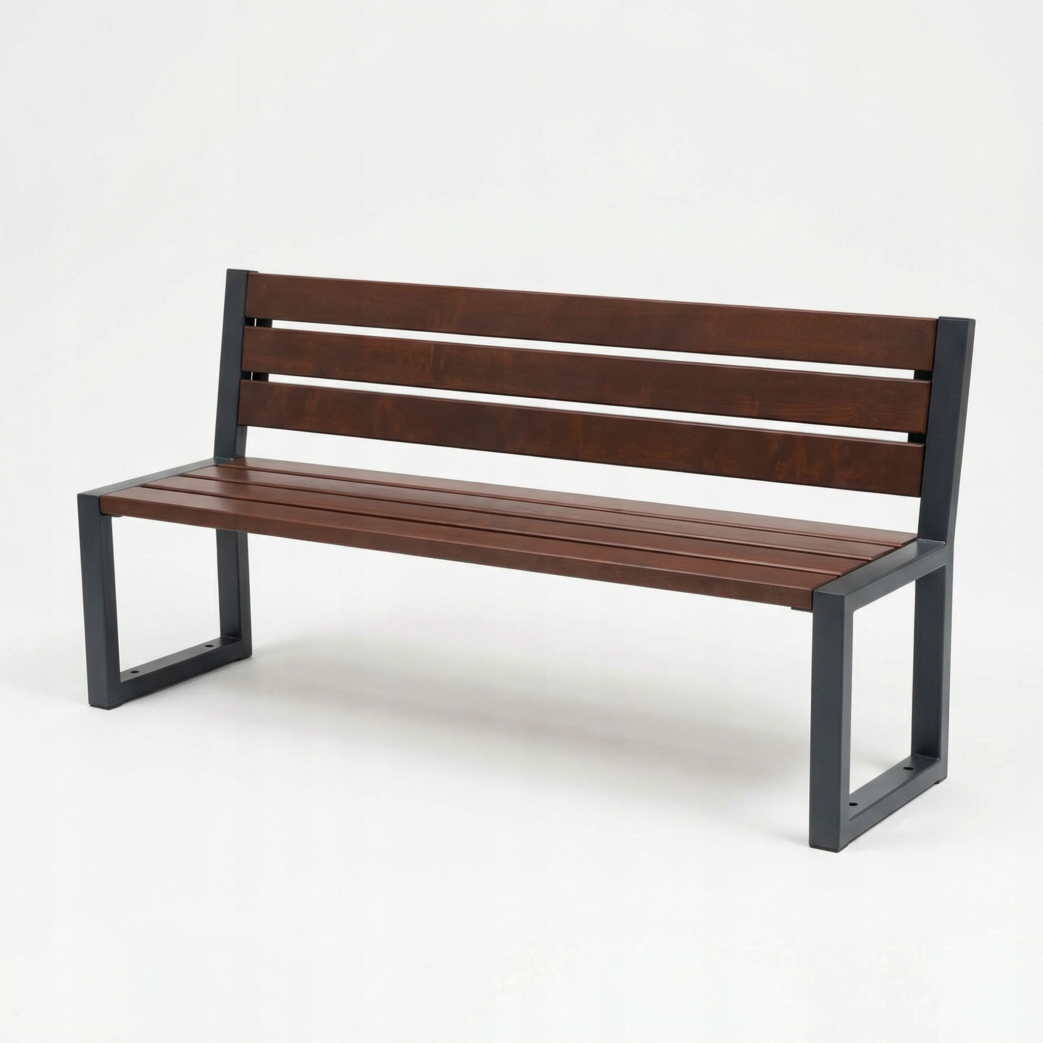 Dřevěná zahradní lavička s opěradlem, ocelový rám, moderní palisandr