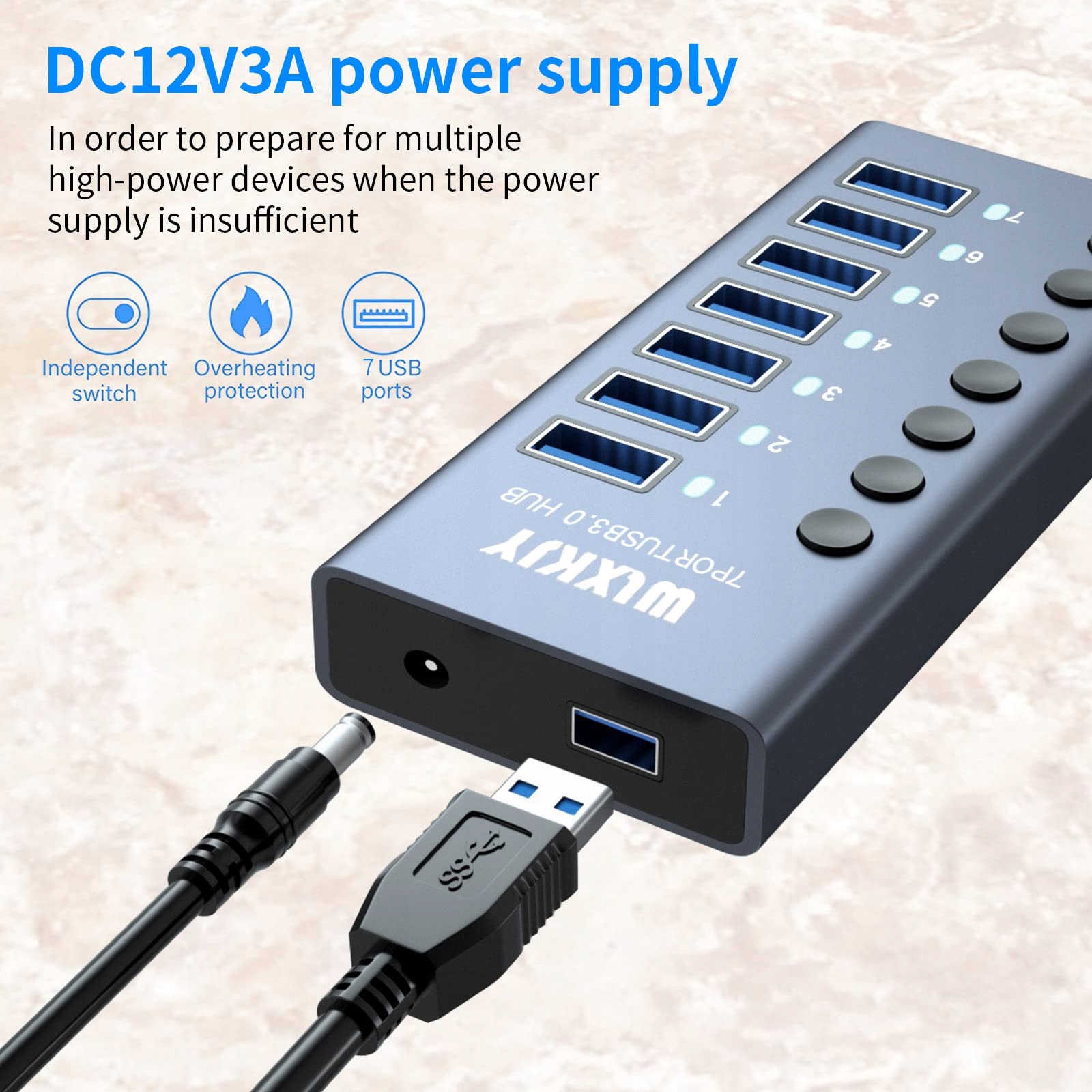 WLXKJY Hub USB 3.0 7-Port Aluminiowy Szybki Transfer Danych i Ładowanie — miniatura 3