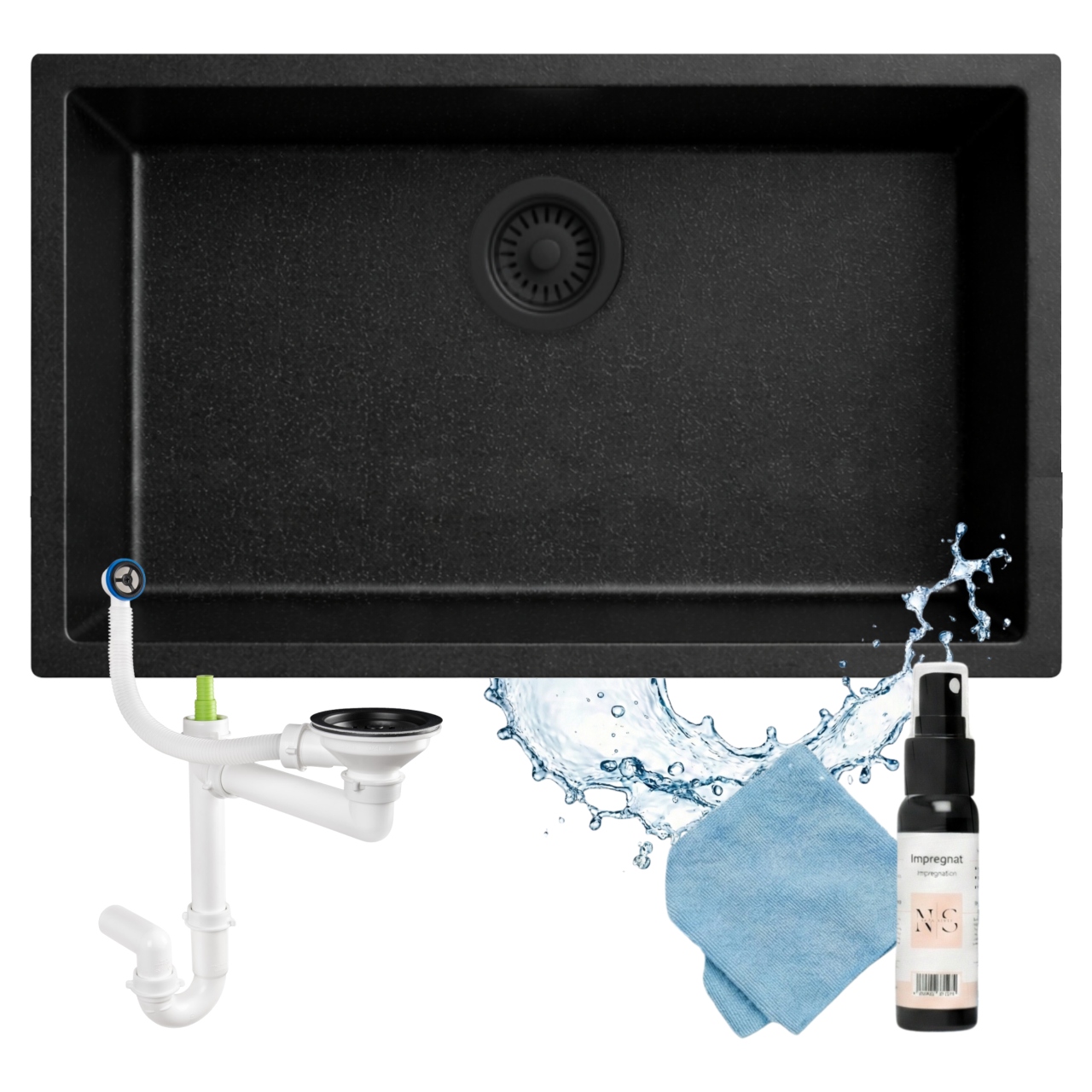 Granitový Dřez Pod Desku 76X46 CM XXL Pod Skříňku 80 CM Tekutý Sifon