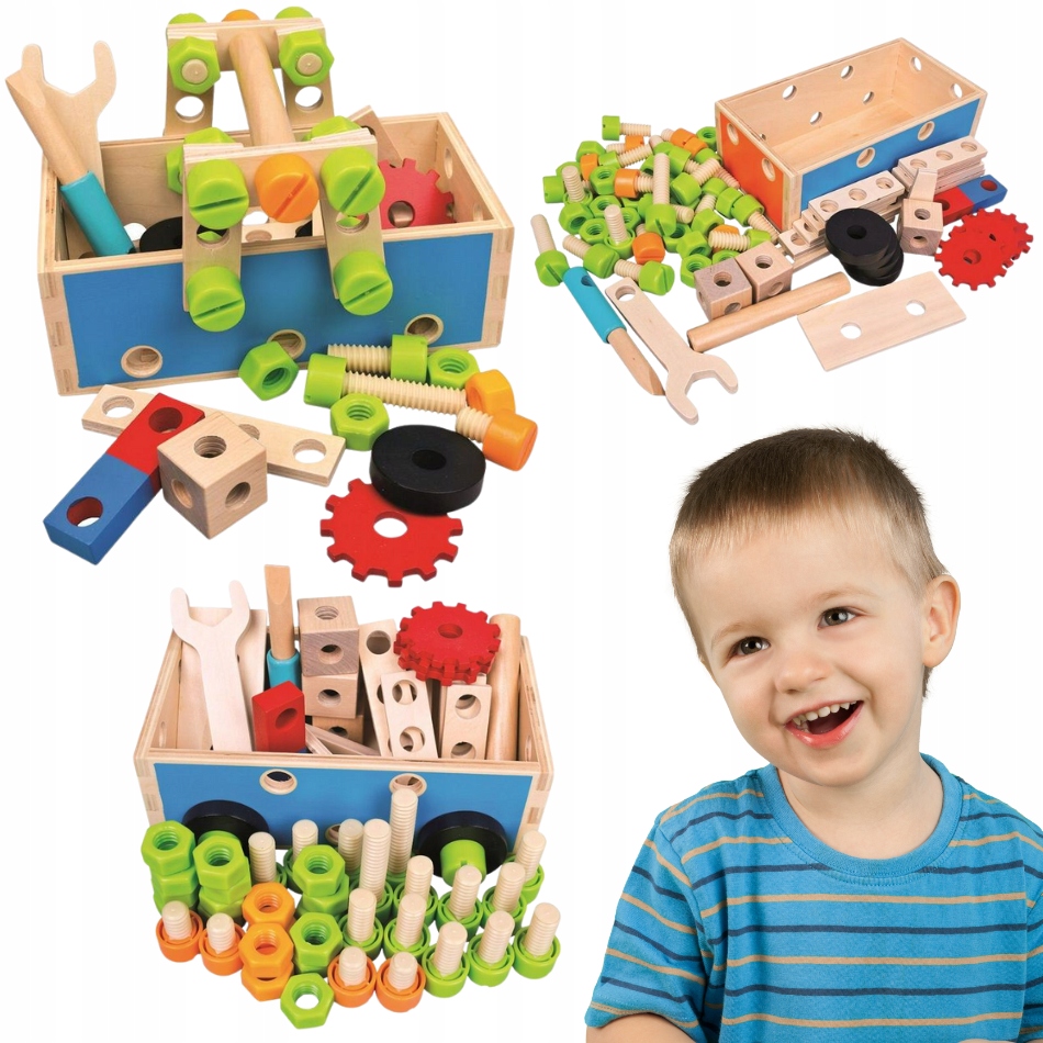 klocki drewniane konstrukcyjne narzędzia+skrzynia