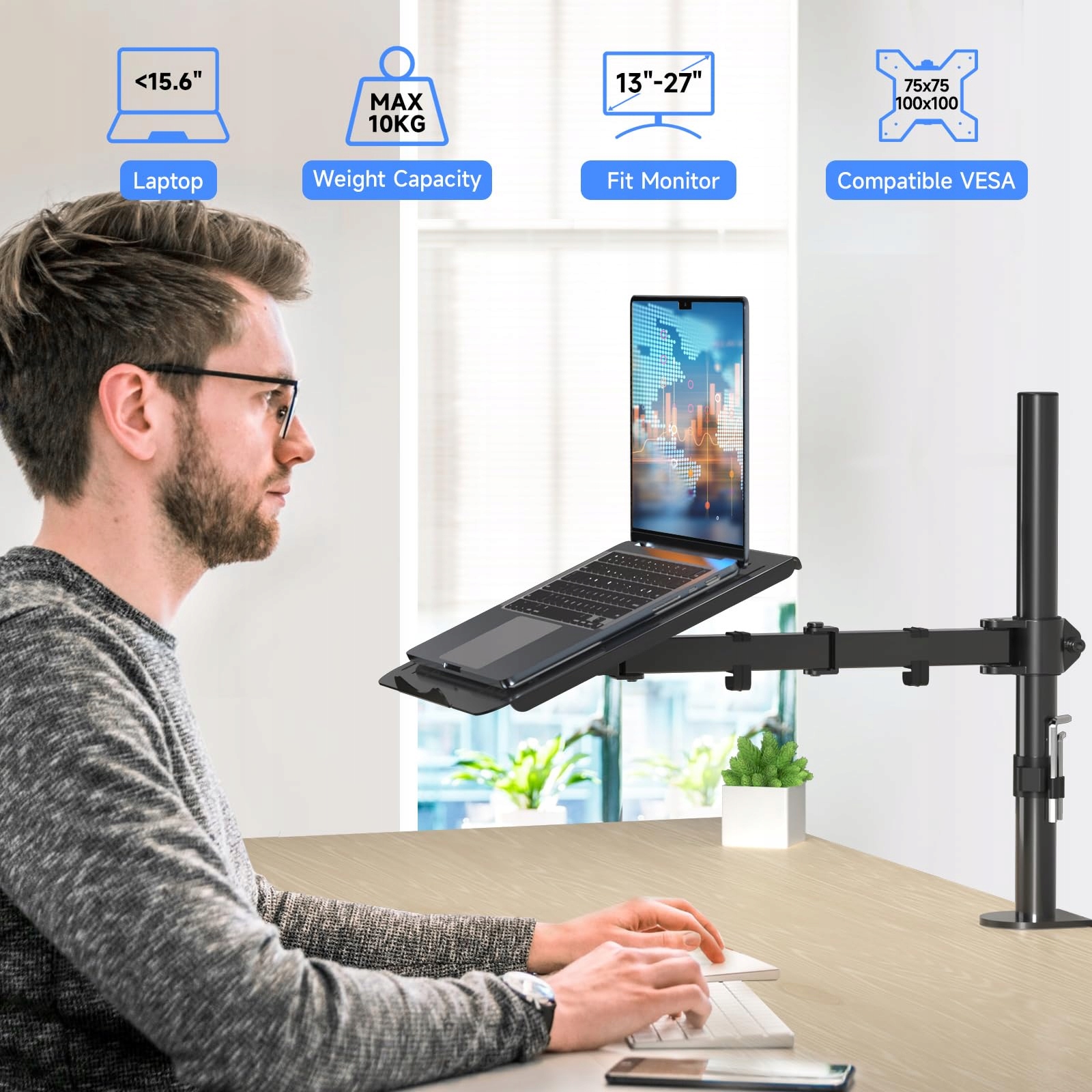 SUPTEK Regulowwane Ramie Do Monitora Z Podstawką Uchwytem Do Laptopa — miniatura 3