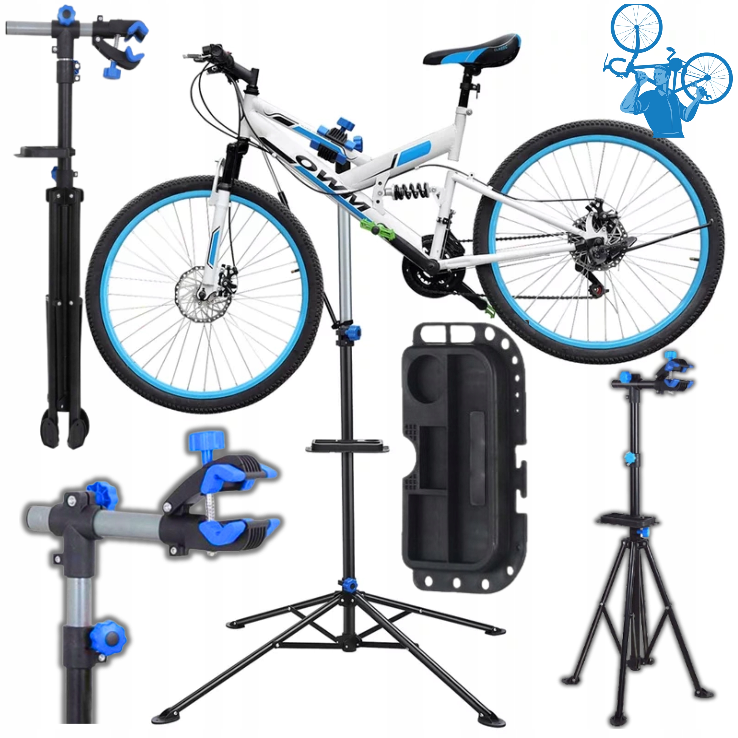 STOJAK ROWEROWY DO SERWISU WIESZAK WARSZTATOWY ZACISK na ROWER 30kg półka