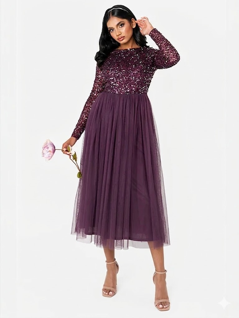 Maya Deluxe Šaty S Dlouhým Rukávem A Flitrovou Horní Částí 48 6EA