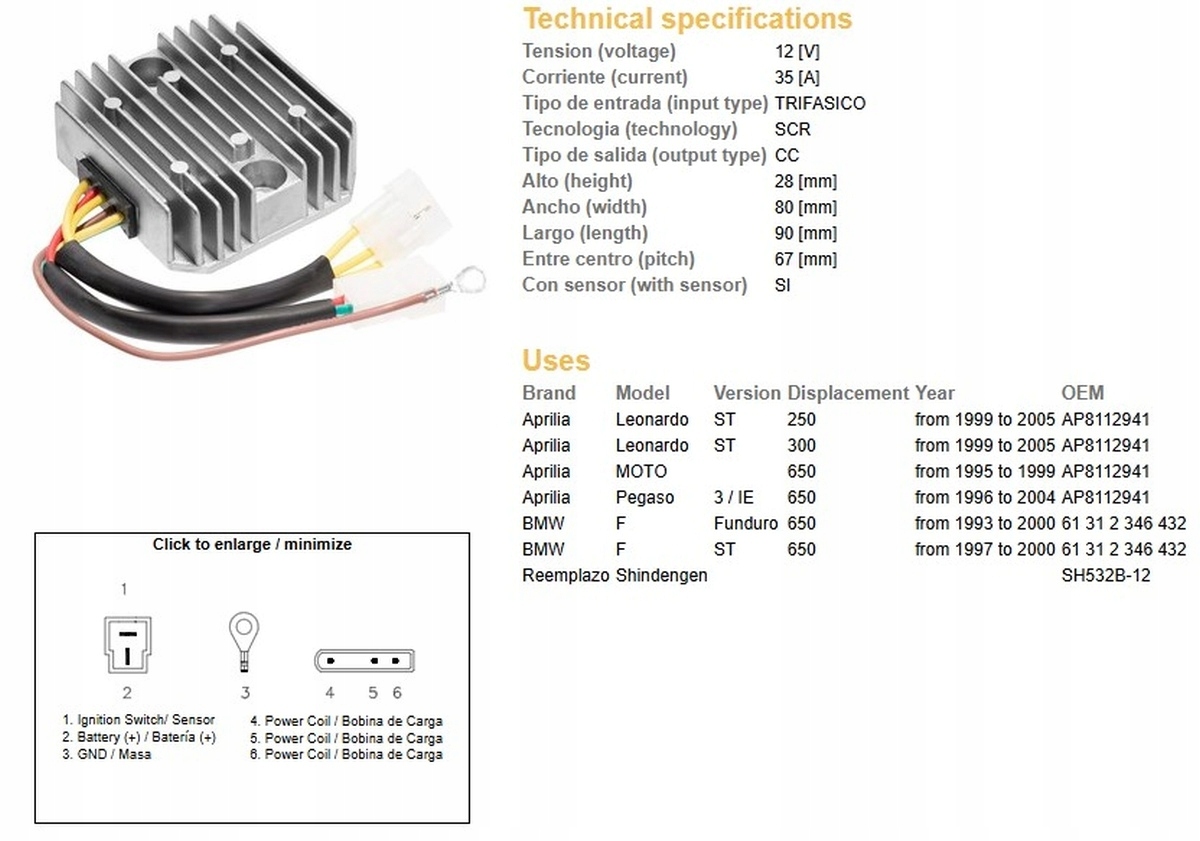 Dze Regulátor Napätia Bmw F 650F/ST '93-'00 Aprilia 650 Pegaso '96-04 Le