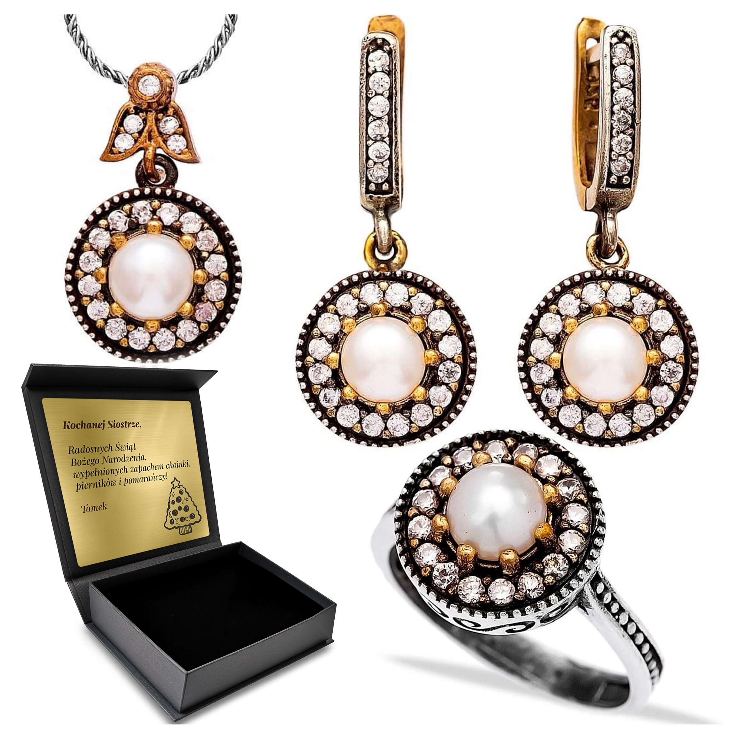 Komplet Stříbrných Šperků 925 Se Zirkony A Perlou pro ženy Gravírování