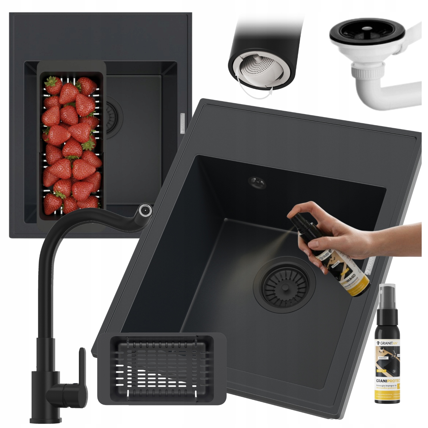 Granitový Drez Čierny Kuchynská Batéria Sifón Košík Sada Nero