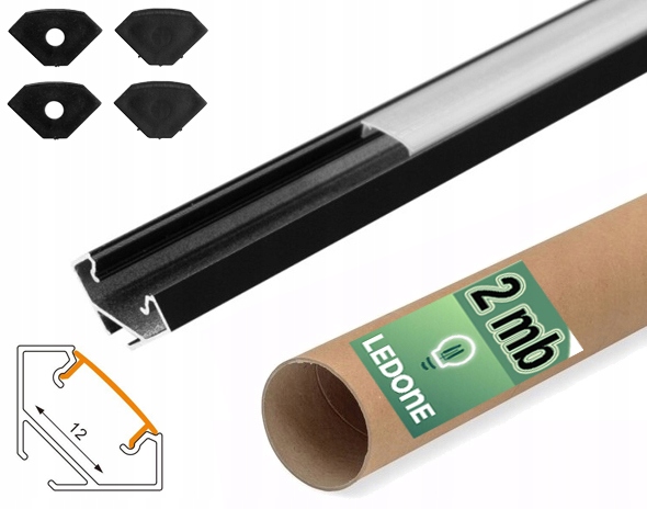 Zestaw 2mb Profil aluminiowy NAROŻNY CZARNY + KLOSZ mleczny do taśm led