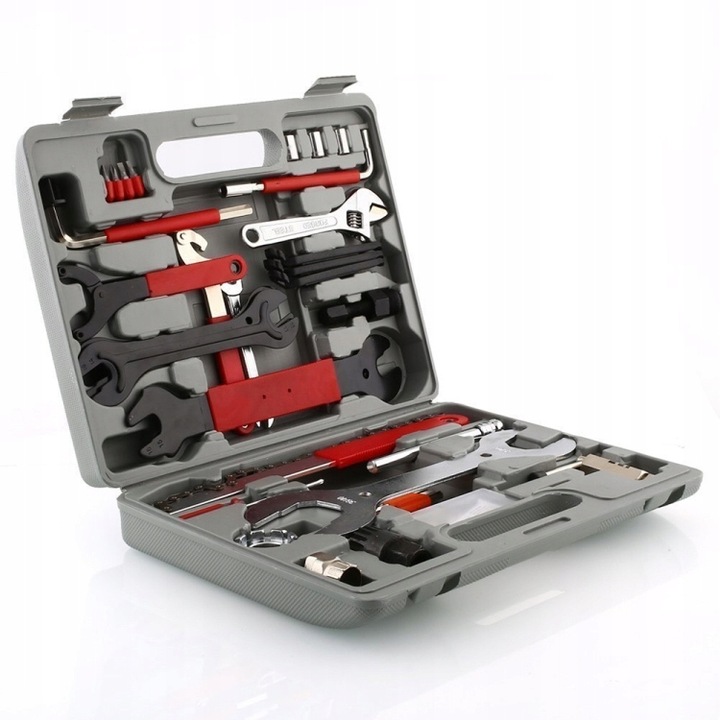 Zestaw Narzędzi do Roweru Walizka Klucze Rowerowe Imbusy 44el Łatka Łyżka
