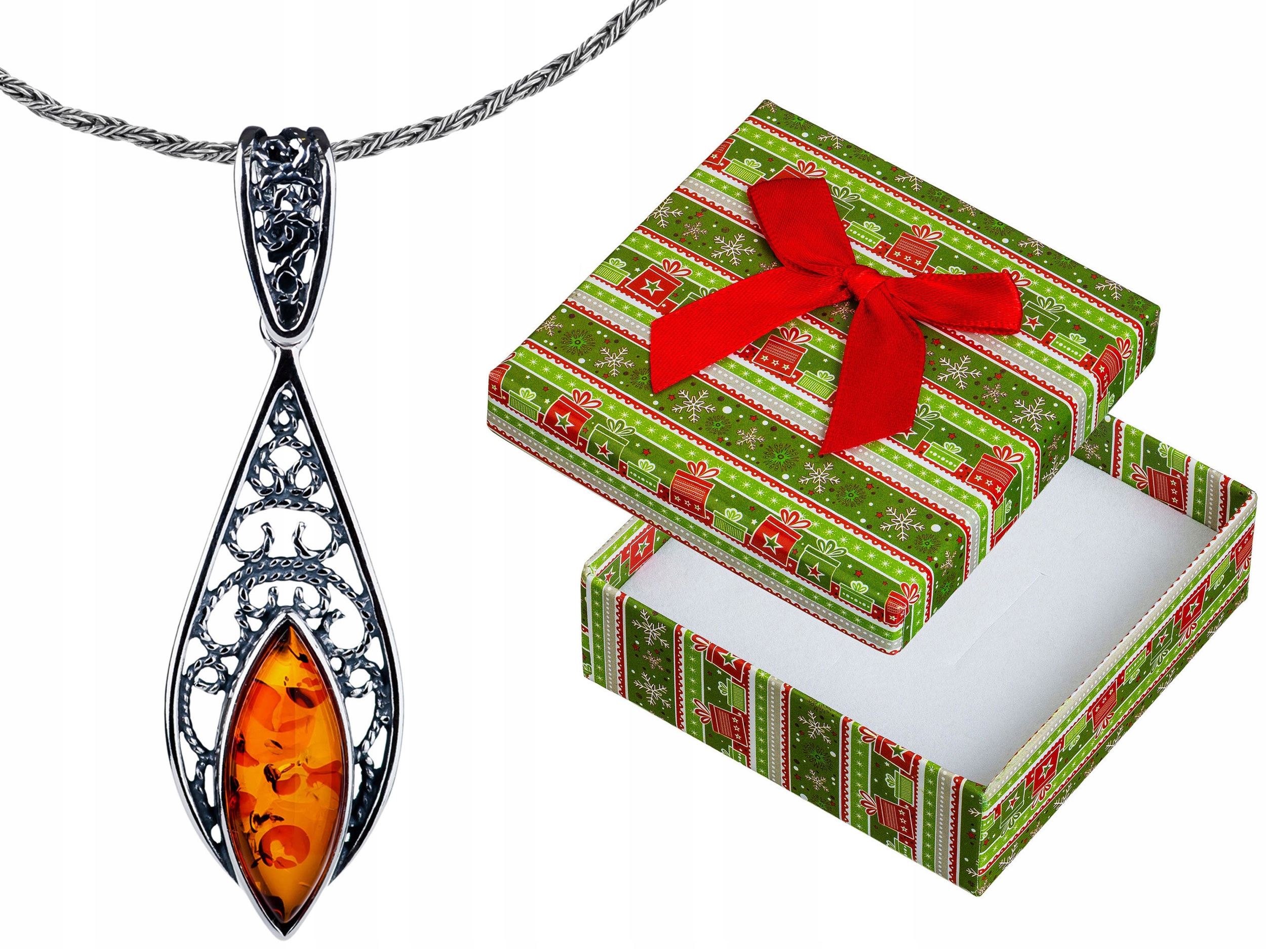 Stříbrný Prolamovaný Oxidovaný Náhrdelník Kapka s Jantarem Vintage Dlouhý 70 cm