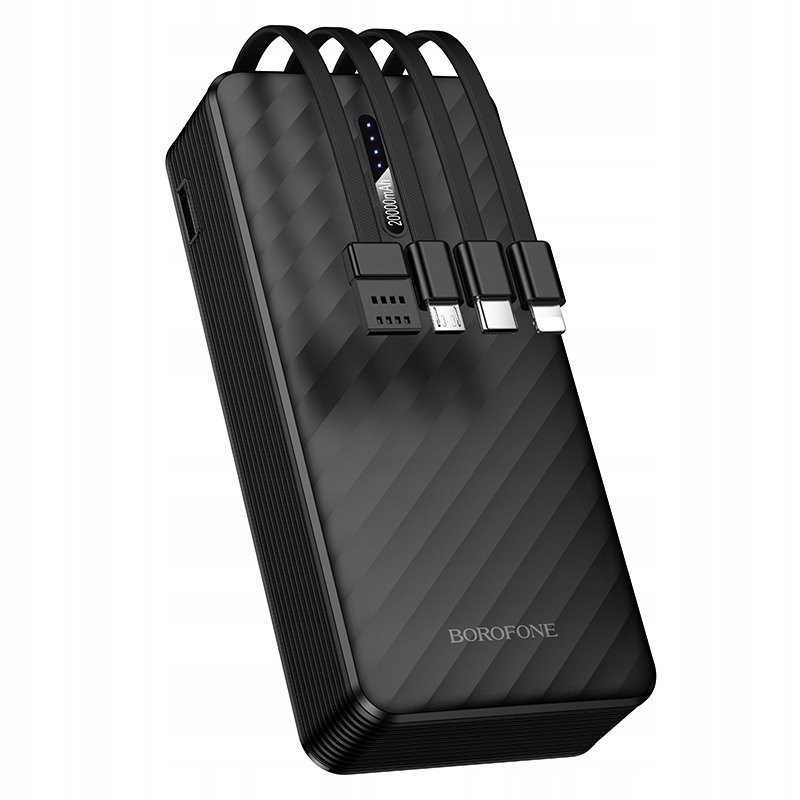 PowerBank 20000 mAh Usb s kabely Usb, Typ C, Lightning a Micro Usb, černá