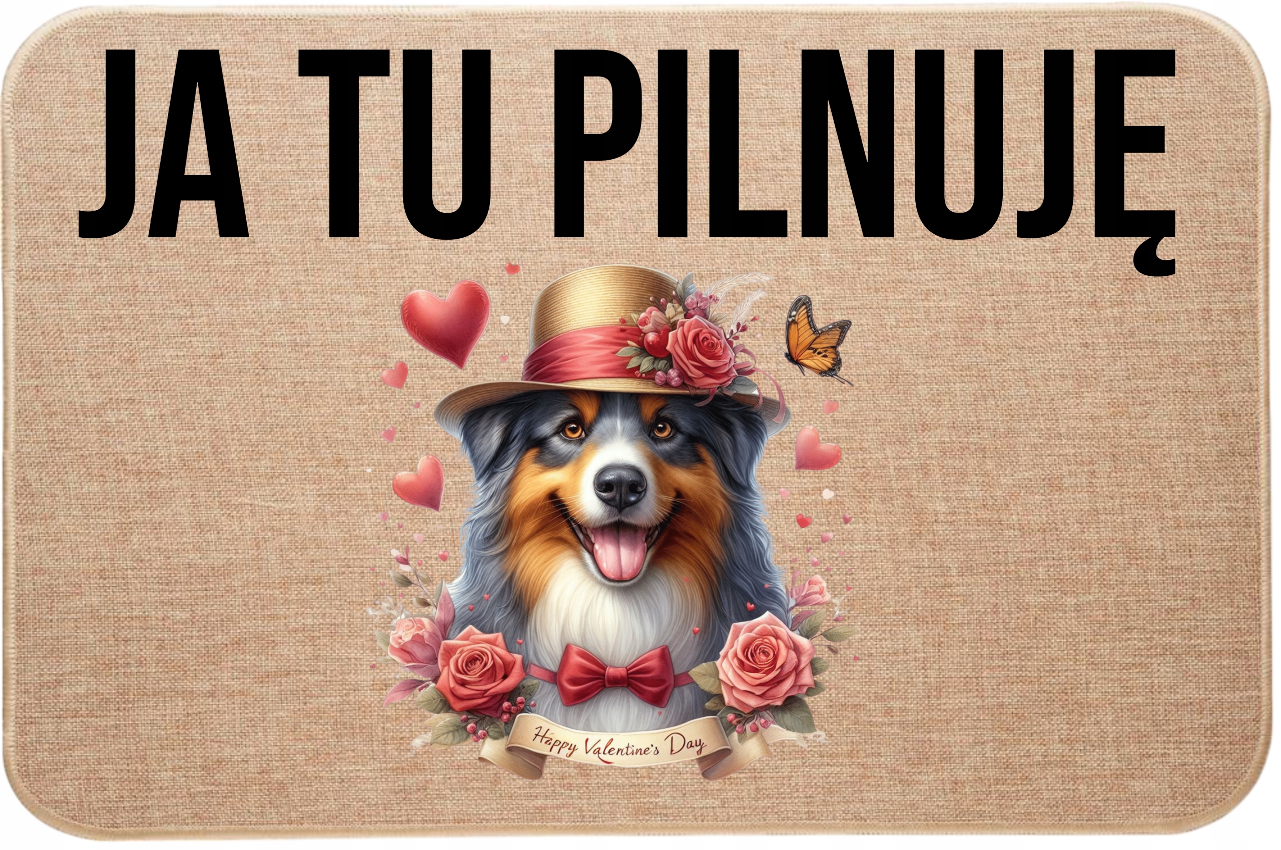 Lněná rohožka před dveřmi – tady hlídám australského ovčáka – srdce