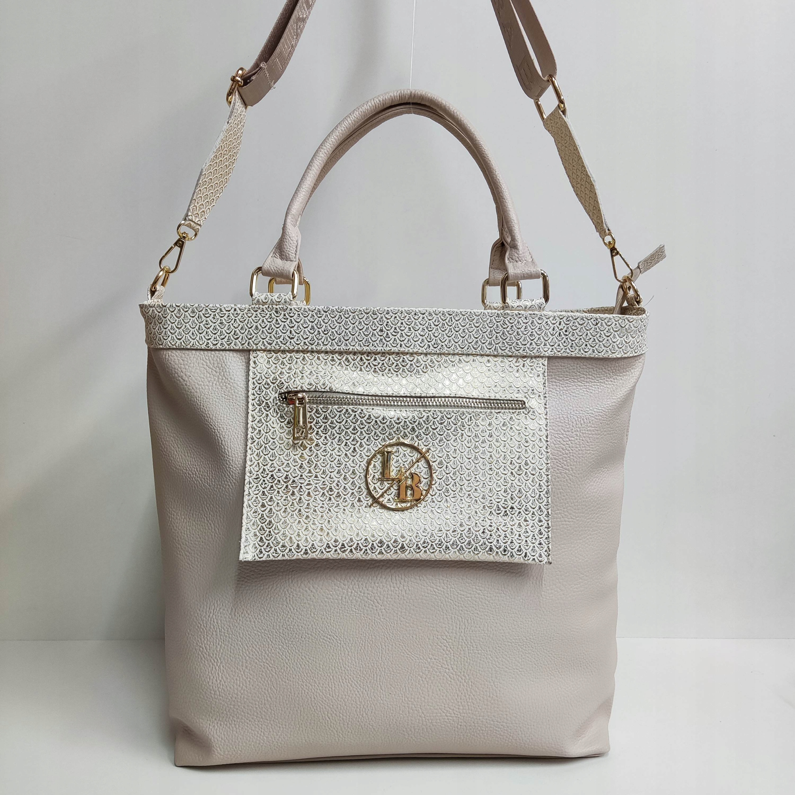Torebka Shopper Laura Biaggi beżowa listonoszka Wysokość 39 cm