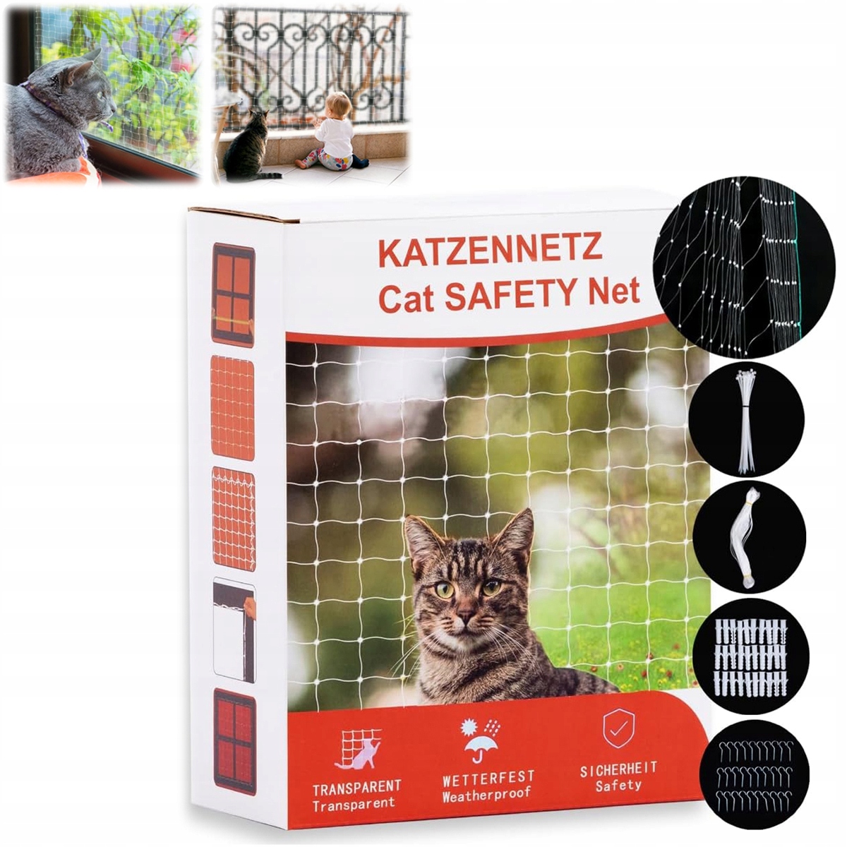 1X Síťka Na Balkon Pro Kočky 8x3 Bezpečná Bez Vrtání, Vyztužená Sada